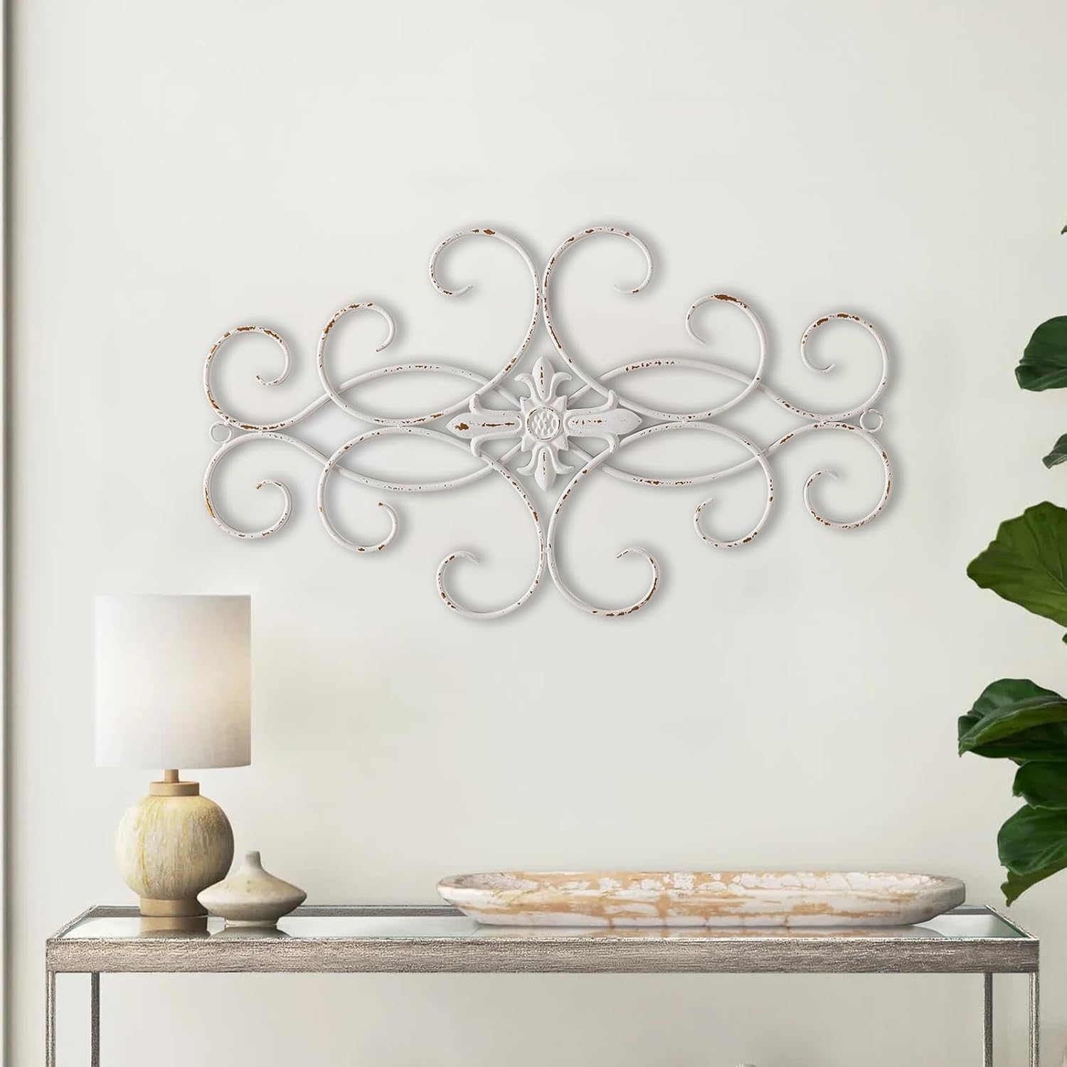 Sintosin Vintage Large Distressed White Wrought Iron Wall Decor 32" x 18", Hanging Antique Metal Wall Art Decor for Living Room, Rustic Scroll Wall Decor Outdoor Indoor, Vertical and Horizontal