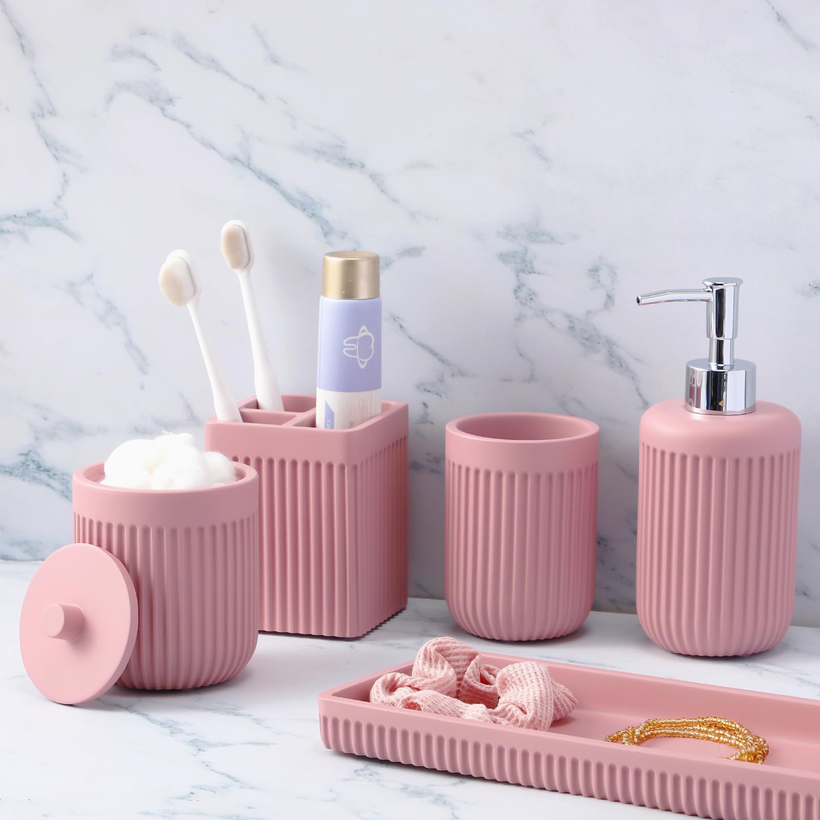 XLHOMO Resin White Marble Bathroom Accessories Set 5 Pcs, Lotion Soap Dispenser, Toothbrush Holder, Bathroom Tumbler, Qtip Holder and Vanity Tray, Bathroom Countertop Organizer Set for Home Apartment