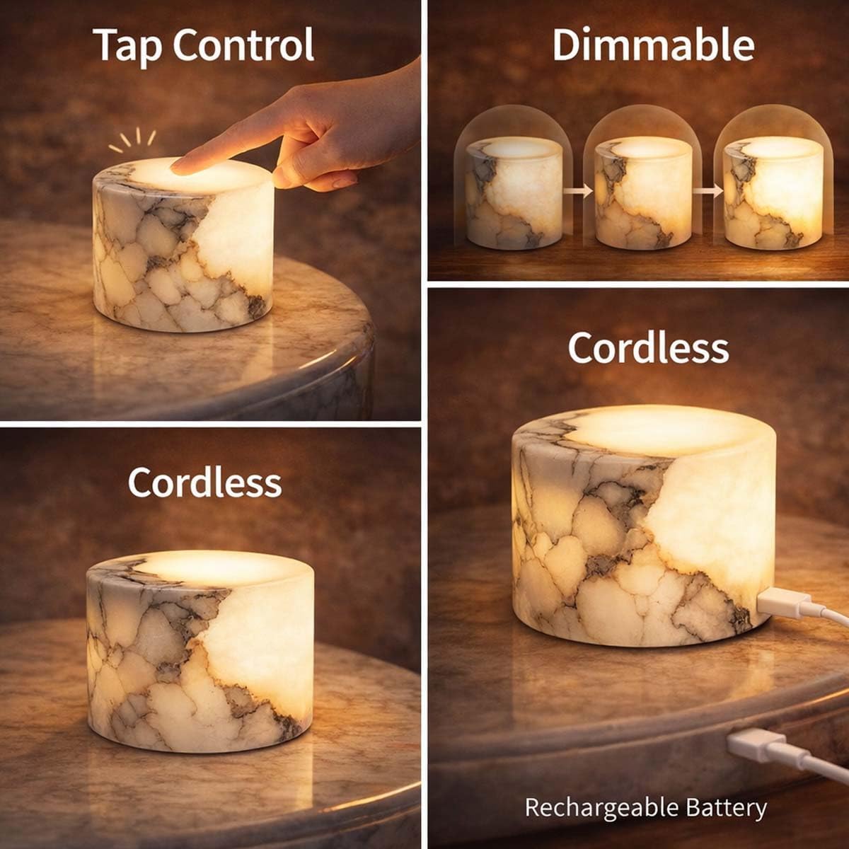 Natural Marble Touch Light Onyx Marble Luxury Table Lamp,Caring Dimmable LED Bedside Lamp with Unique Peach Jade Texture,Type-C Rechargeable Small Ambient Tap Light, Cordless Table Lamp (Style B)
