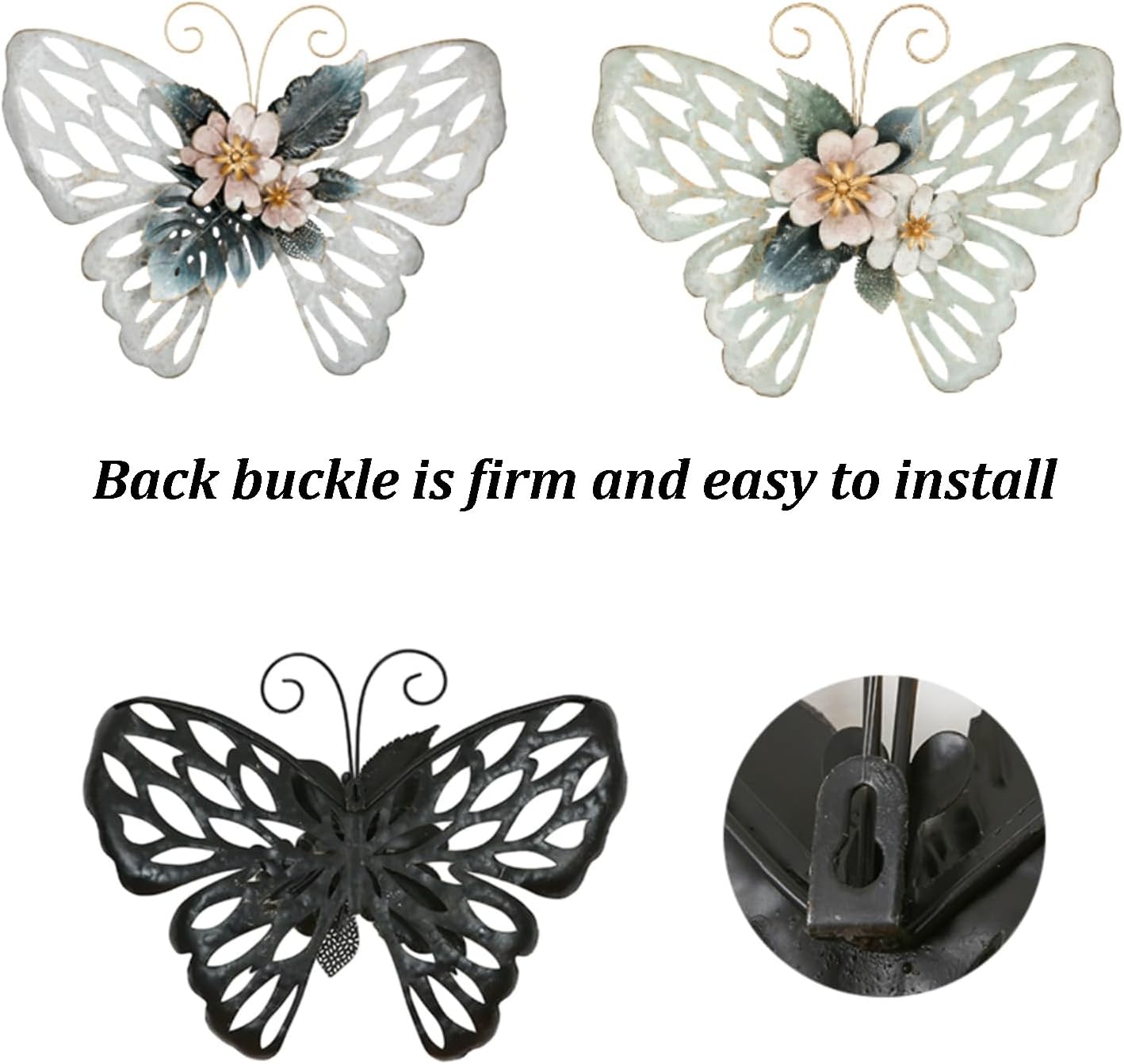 3D Wall Art Decor, Boho Metal Wall Decoration, Retro Distressed Craftsmanship, Butterfly Hanging Mural, Iron Flowers Plant Wall Decor for Living Room Entrance Office(B)
