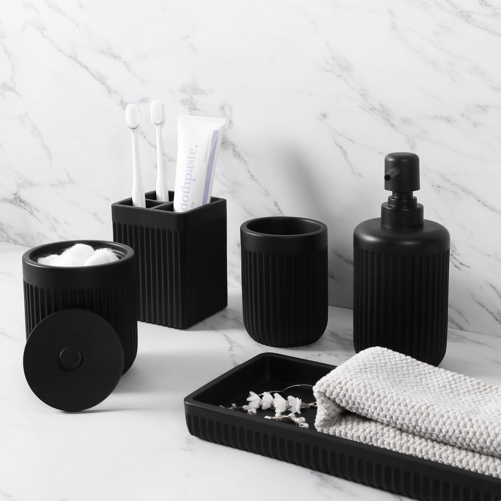 XLHOMO Resin White Marble Bathroom Accessories Set 5 Pcs, Lotion Soap Dispenser, Toothbrush Holder, Bathroom Tumbler, Qtip Holder and Vanity Tray, Bathroom Countertop Organizer Set for Home Apartment