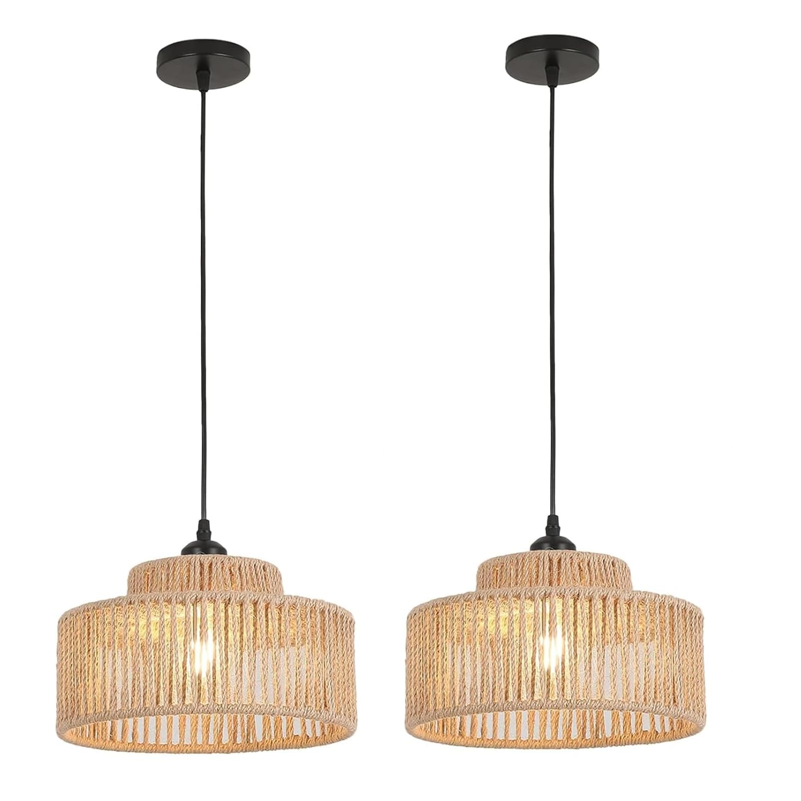 2 Pack Rattan Pendant Light,11 Inch Boho Kitchen Island light Fixtures,Handmade Woven Hanging Lamp,Small Wicker Chandelier,Basket Hanging Light for Bedroom Kitchen Living Room Restaurant Hallway Foyer