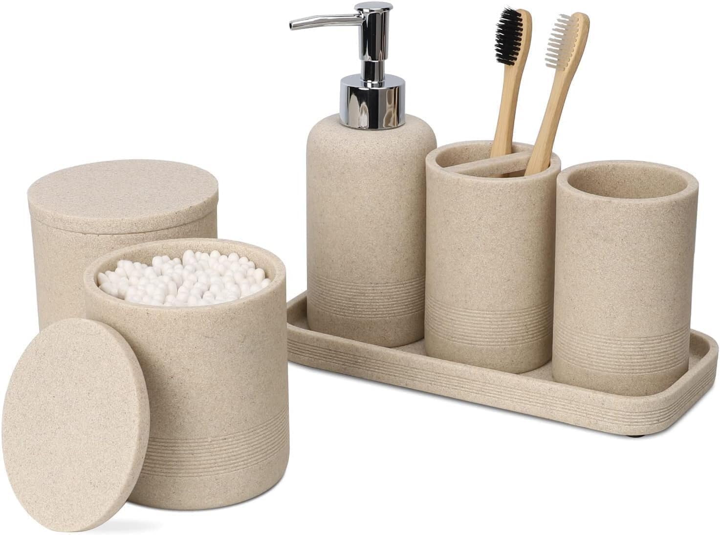 ZCCZ White Marble Bathroom Accessories Set 6 Pieces - Toothbrush Holder, Lotion Dispenser, Qtip Container, Vanity Tray, Tumbler - Countertop Organizer for Bathrooms - Elegant and Functional Décor Set