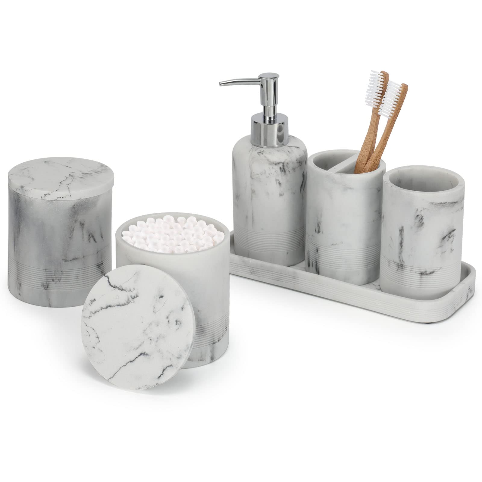 ZCCZ White Marble Bathroom Accessories Set 6 Pieces - Toothbrush Holder, Lotion Dispenser, Qtip Container, Vanity Tray, Tumbler - Countertop Organizer for Bathrooms - Elegant and Functional Décor Set
