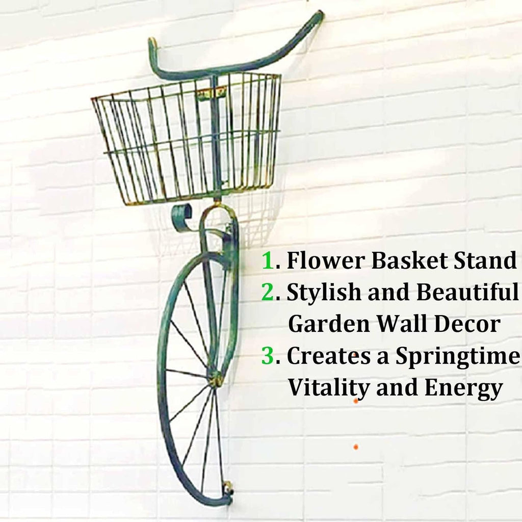 3D Bike Wall Decor, Iron Bike Wall Art with Flower Basket, Large Bicycle Sculpture, Spring Bicycle Decorations, Hand Crafted Wall Mounted Metal Art for Living Room Outdoor Bedroom(Green)