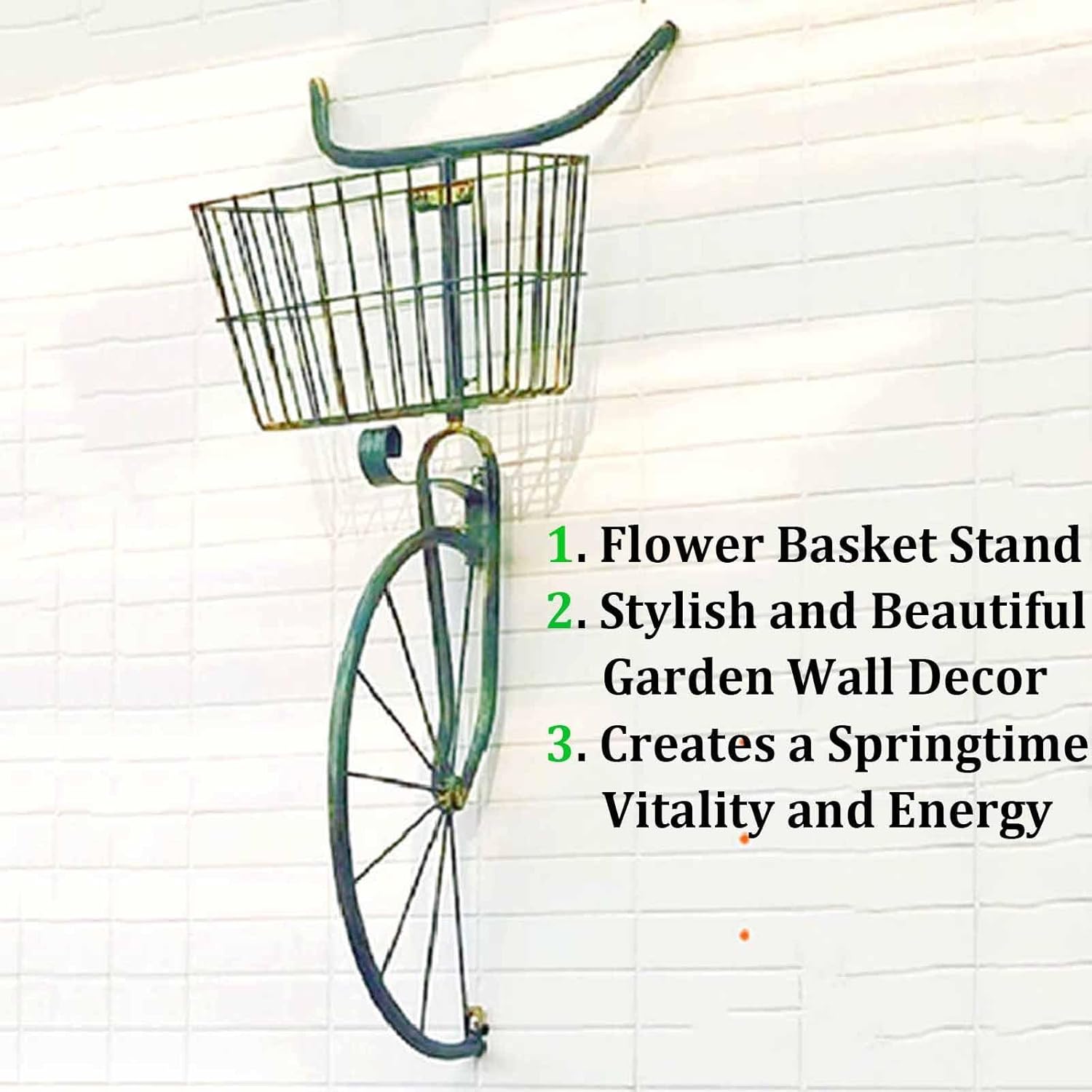 3D Bike Wall Decor, Iron Bike Wall Art with Flower Basket, Large Bicycle Sculpture, Spring Bicycle Decorations, Hand Crafted Wall Mounted Metal Art for Living Room Outdoor Bedroom(Green)