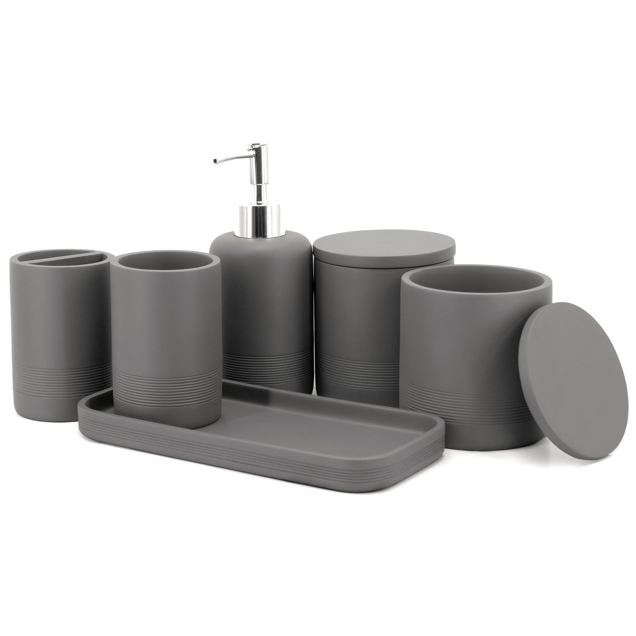 ZCCZ White Marble Bathroom Accessories Set 6 Pieces - Toothbrush Holder, Lotion Dispenser, Qtip Container, Vanity Tray, Tumbler - Countertop Organizer for Bathrooms - Elegant and Functional Décor Set