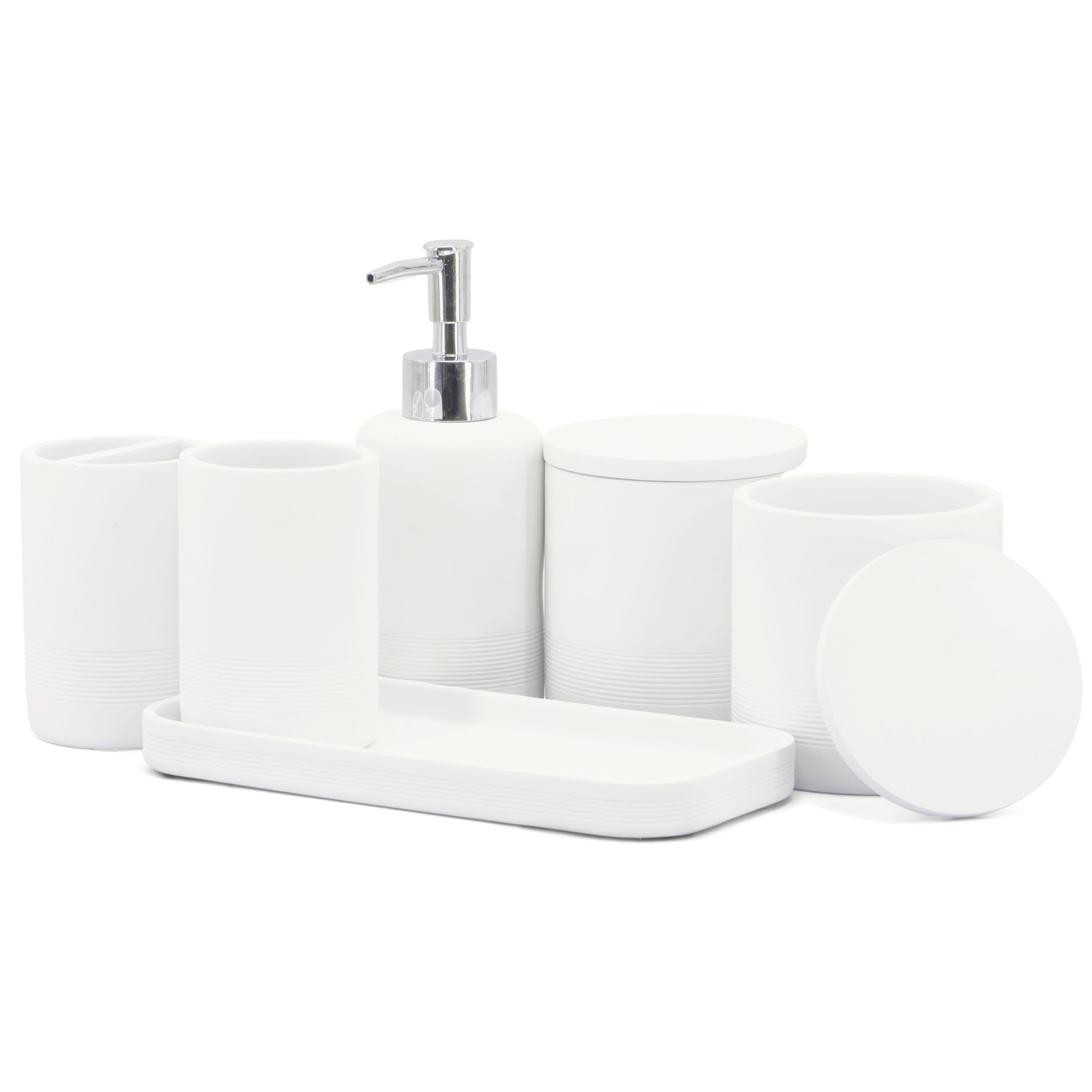 ZCCZ White Marble Bathroom Accessories Set 6 Pieces - Toothbrush Holder, Lotion Dispenser, Qtip Container, Vanity Tray, Tumbler - Countertop Organizer for Bathrooms - Elegant and Functional Décor Set