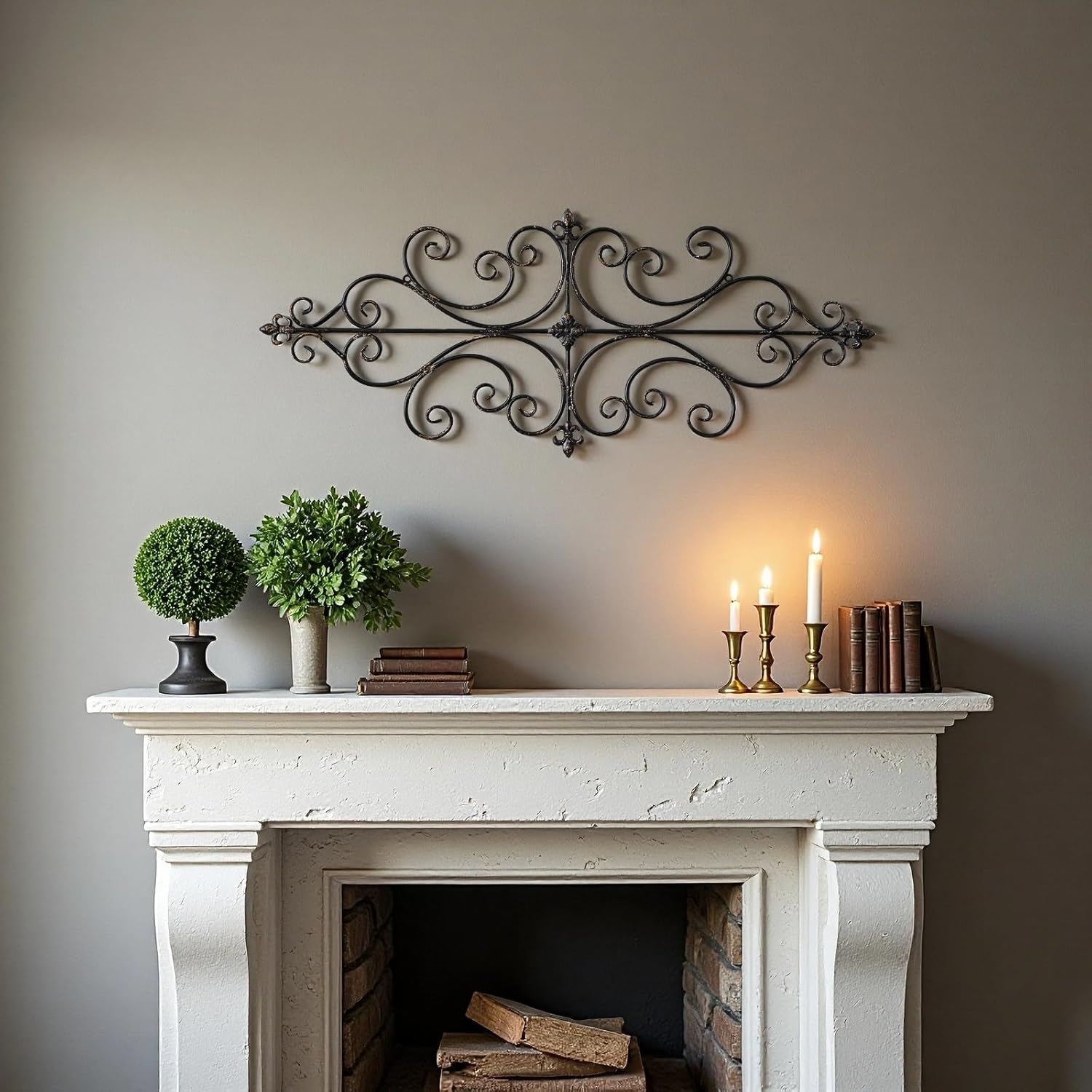 Sintosin Vintage Wrought Iron Wall Decor 45" x 18", Hanging Distressed Finish Fleur De Lis Scroll Metal Wall Art Decor, Farmhouse Black and Gold Home Decorations for Living Room Hallway Bedroom
