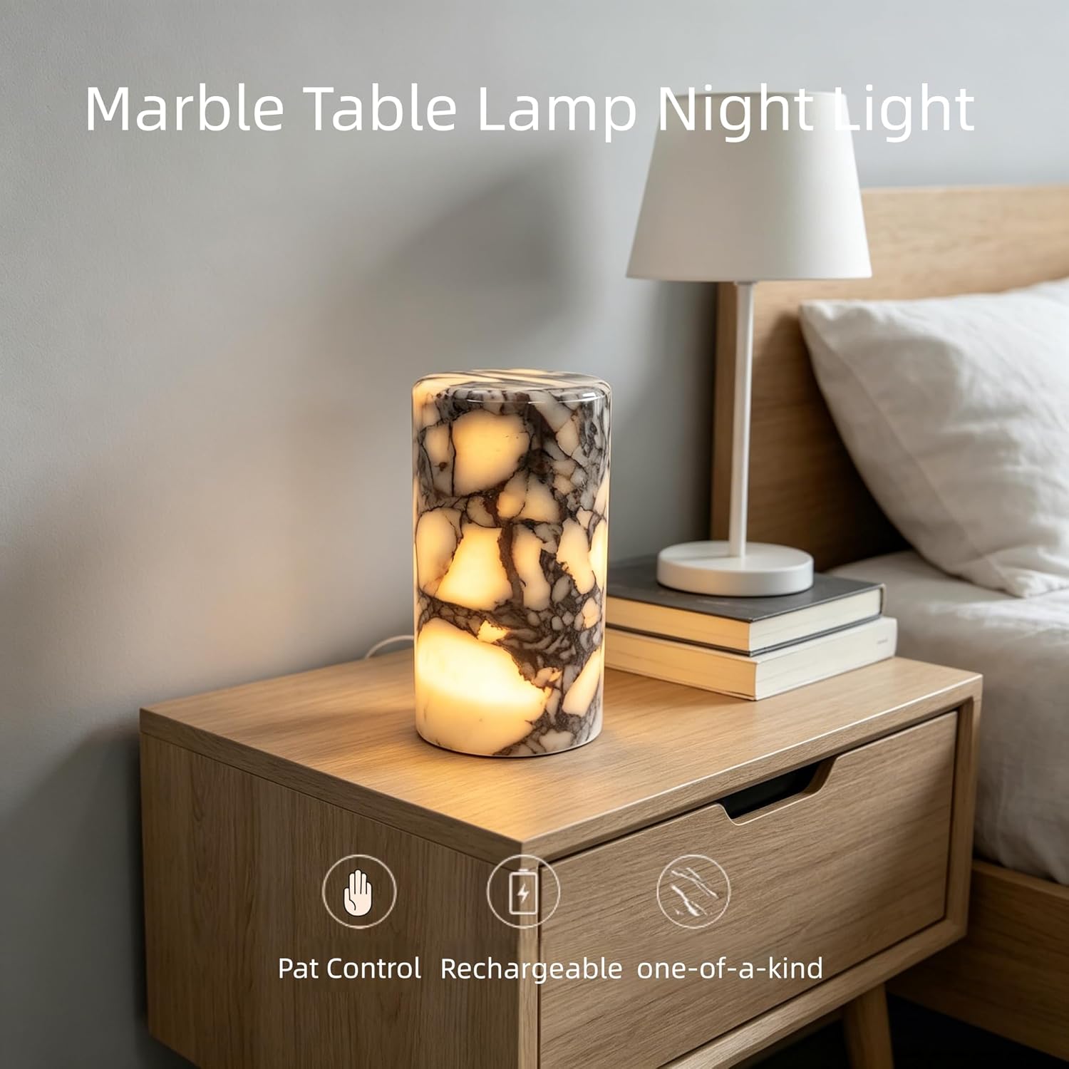 Marble Lamp Luxury Stone Table Lamp Type-C Rechargeable Touch Night Light Small Bedside Lamp Cordless Ambient Light for Home Decor, Bedroom, Living Room & Office (Cylinder-L)