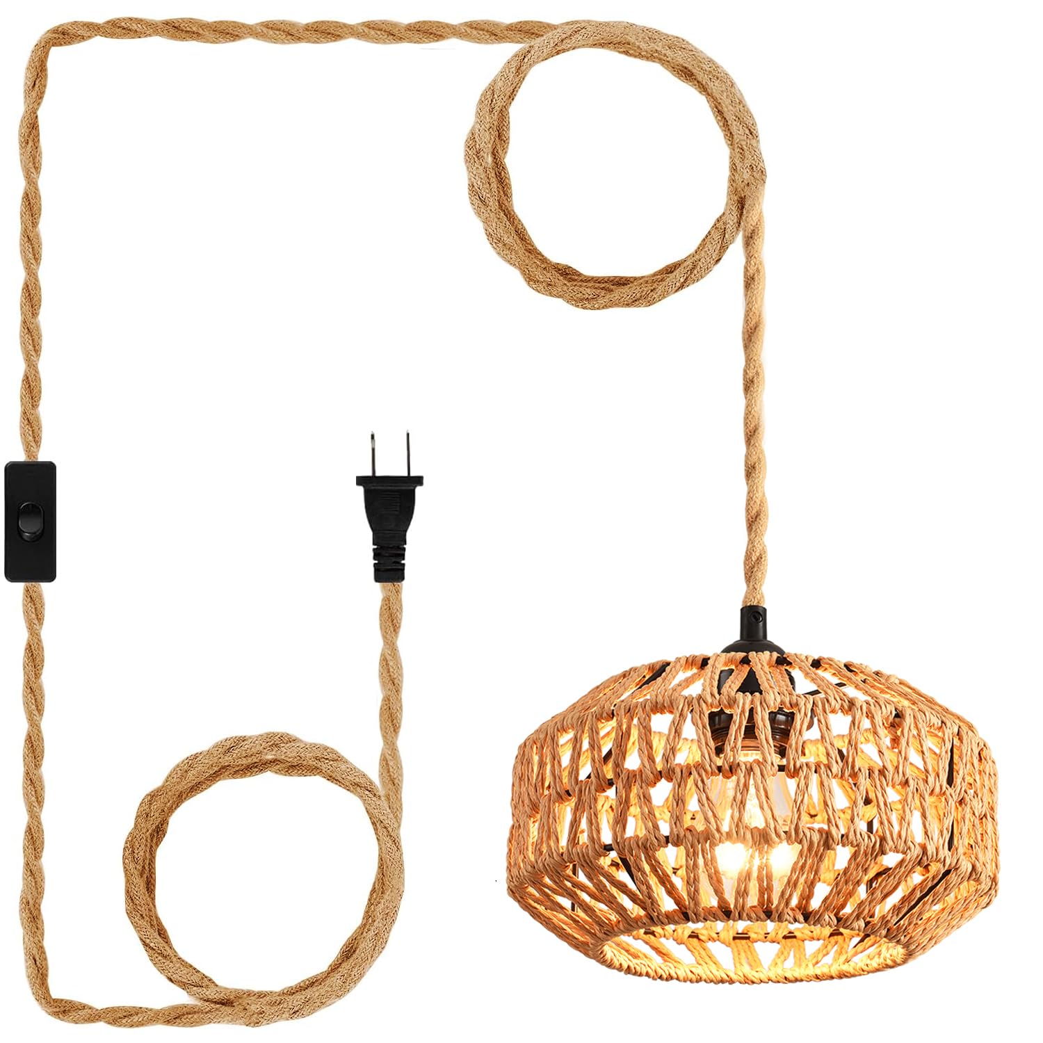 2 Pack Plug in Pendant Light Rattan Hanging Lamp with Switch,Mini Rattan Boho Semi Flush Mount Ceiling Light,Hand Woven Hallway Light Fixtures for Bedroom Entryway