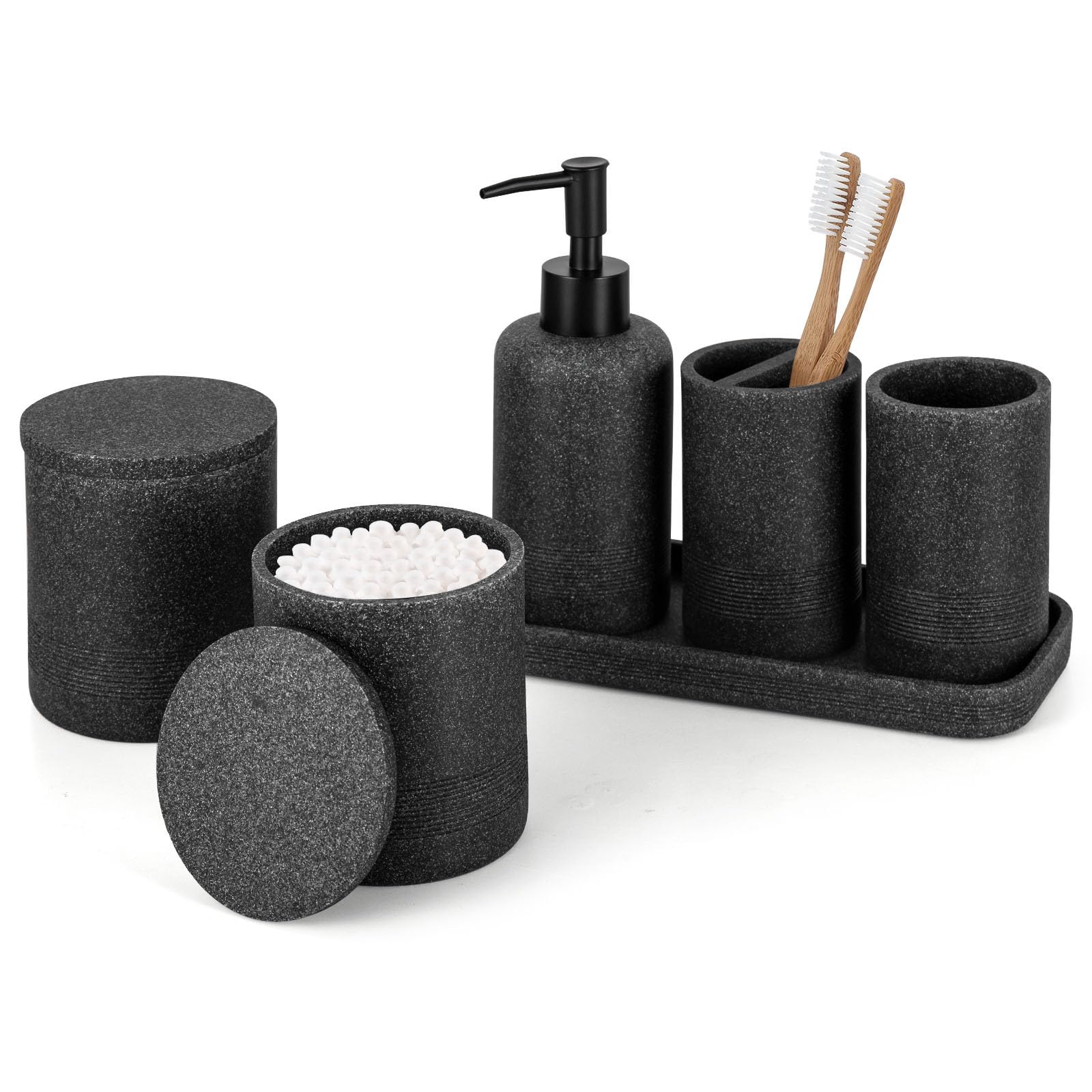 ZCCZ White Marble Bathroom Accessories Set 6 Pieces - Toothbrush Holder, Lotion Dispenser, Qtip Container, Vanity Tray, Tumbler - Countertop Organizer for Bathrooms - Elegant and Functional Décor Set