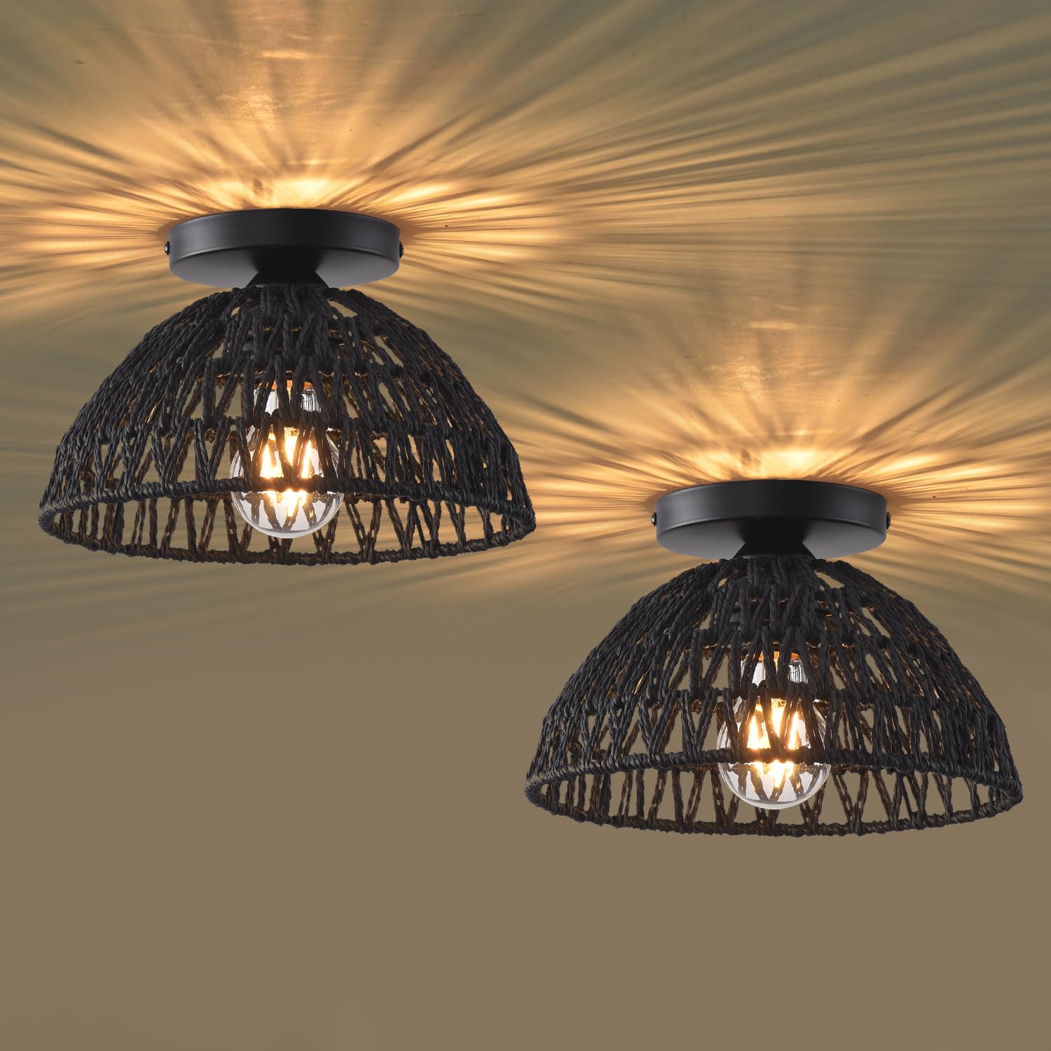 2 Pack Plug in Pendant Light Rattan Hanging Lamp with Switch,Mini Rattan Boho Semi Flush Mount Ceiling Light,Hand Woven Hallway Light Fixtures for Bedroom Entryway