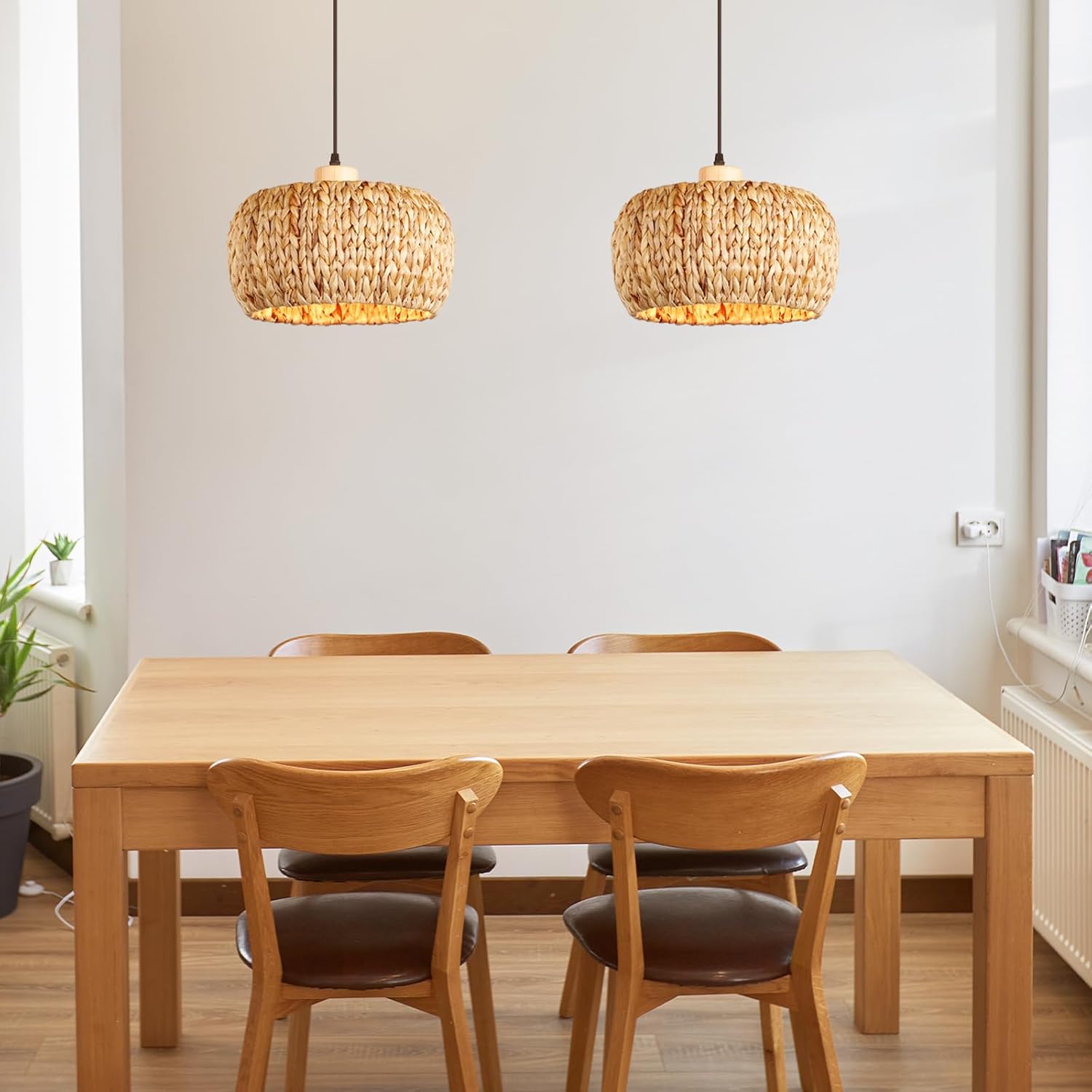 Boho Pendant Lights Kitchen Island, 11.8" Bohemian Rattan Hand-Woven Light Fixture Natural Seagrass Weaving Lighting Hanging Ceiling Chandelier for Restaurants Living Dining Room Farmhouse