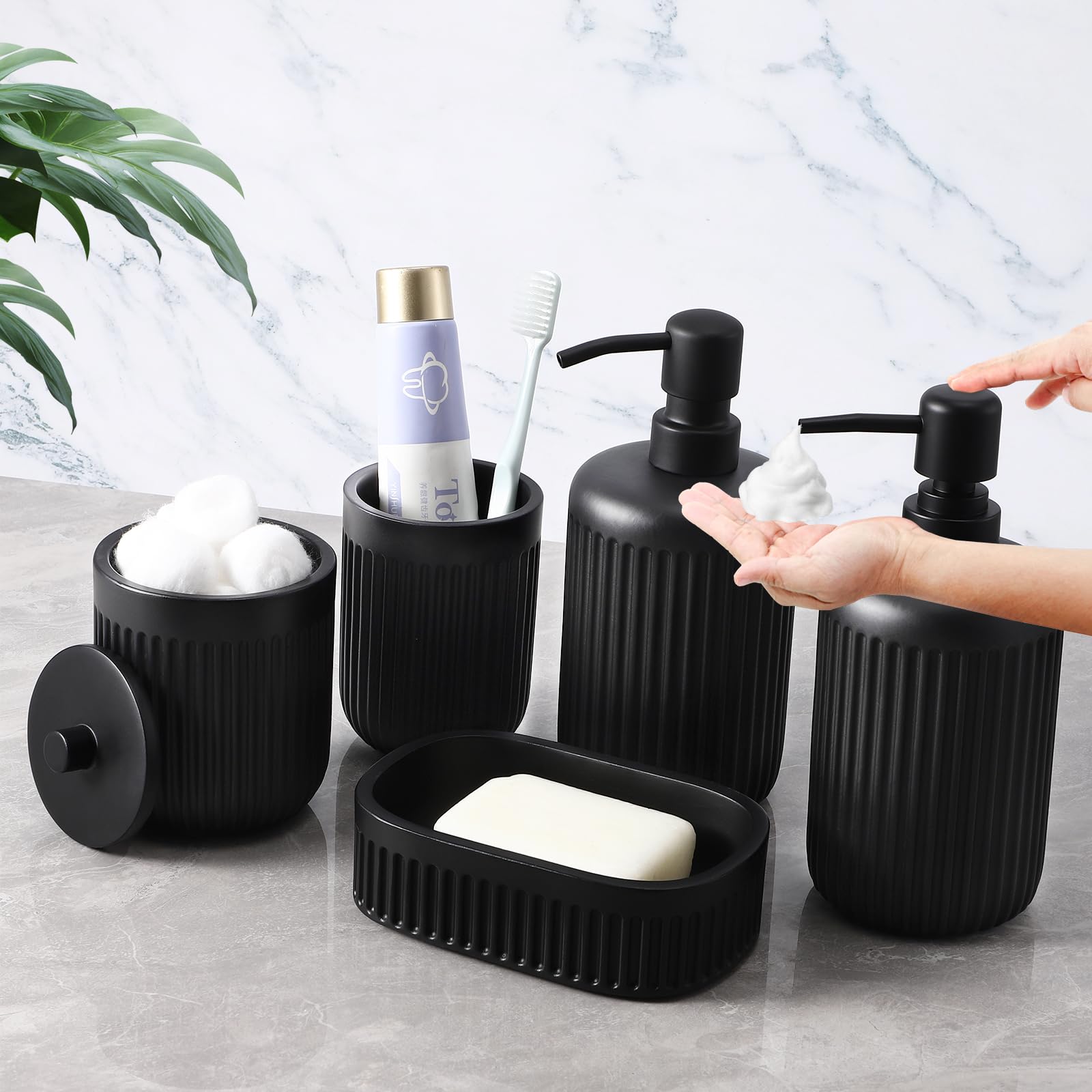 XLHOMO Resin White Marble Bathroom Accessories Set 5 Pcs, Lotion Soap Dispenser, Toothbrush Holder, Bathroom Tumbler, Qtip Holder and Vanity Tray, Bathroom Countertop Organizer Set for Home Apartment