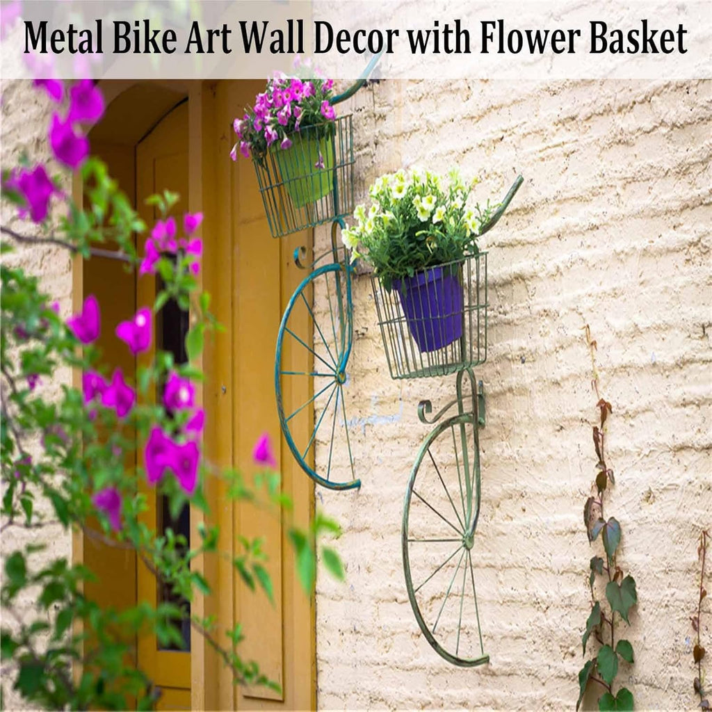 3D Bike Wall Decor, Iron Bike Wall Art with Flower Basket, Large Bicycle Sculpture, Spring Bicycle Decorations, Hand Crafted Wall Mounted Metal Art for Living Room Outdoor Bedroom(Green)