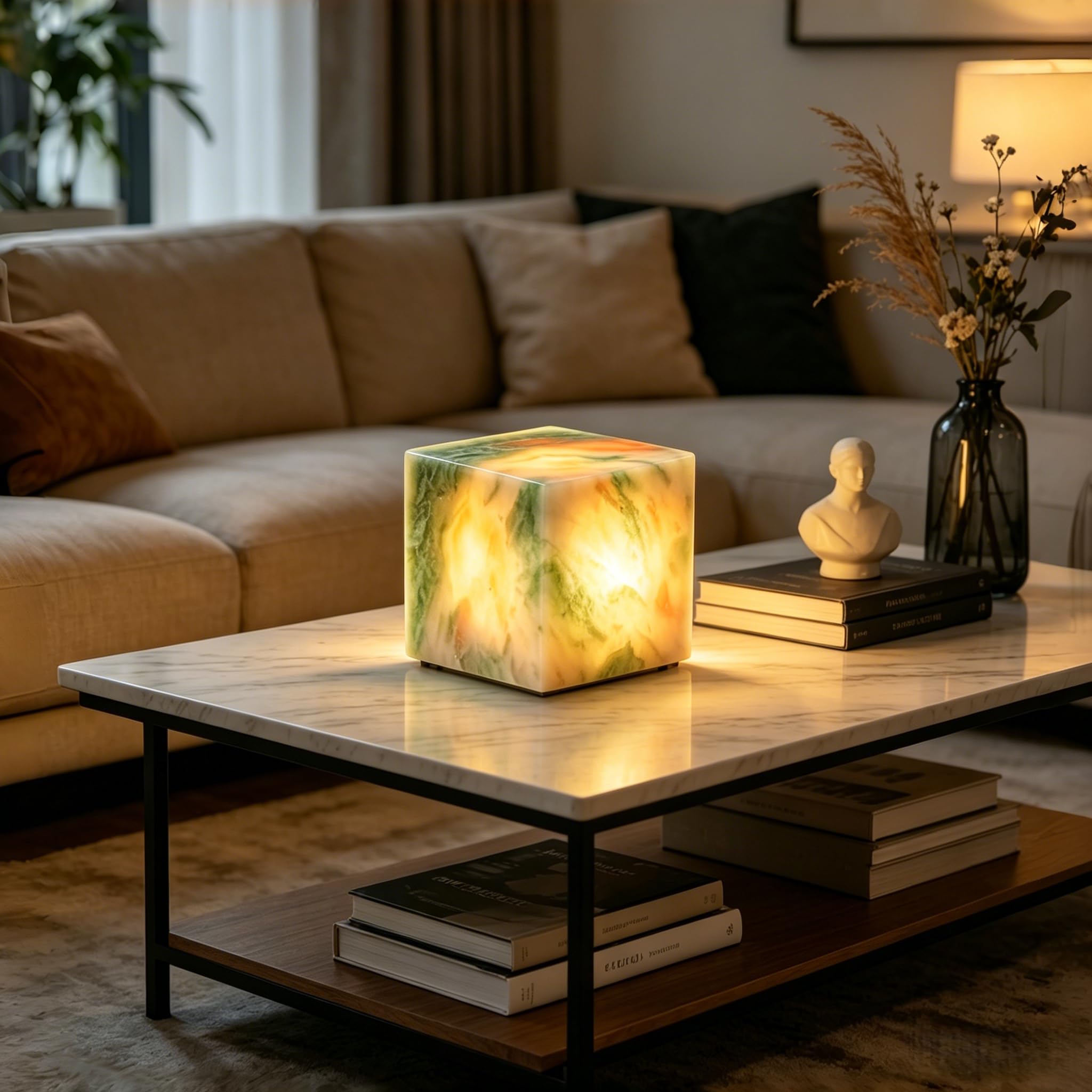 Marble Lamp Luxury Stone Table Lamp Type-C Rechargeable Touch Night Light Small Bedside Lamp Cordless Ambient Light for Home Decor, Bedroom, Living Room & Office (Cylinder-L)
