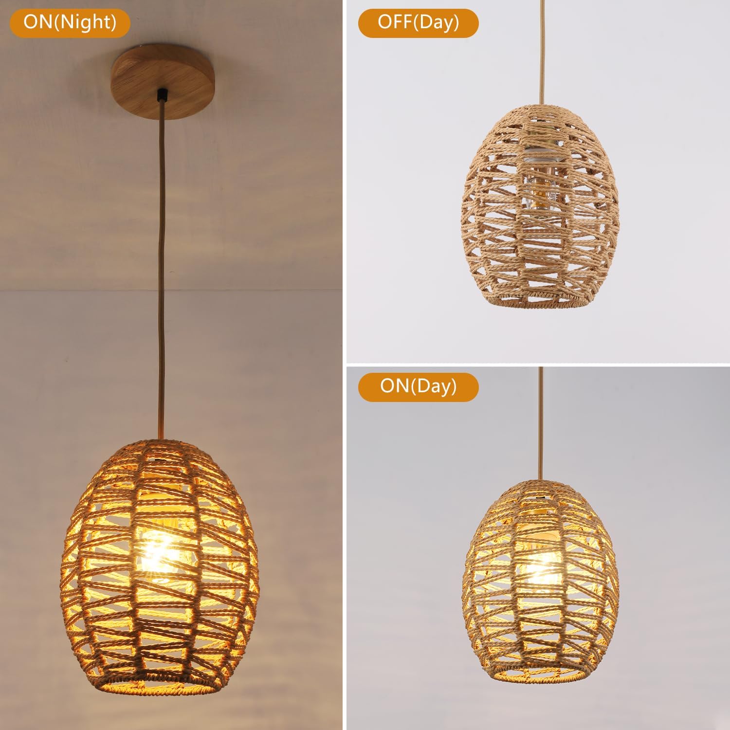 DELIPOP Pendant Light, Hand-Woven Rattan Chandelier, Boho Adjustable Hanging Lights for Living Room, Dining Room, Kitchen, Bedroom, Farmhouse