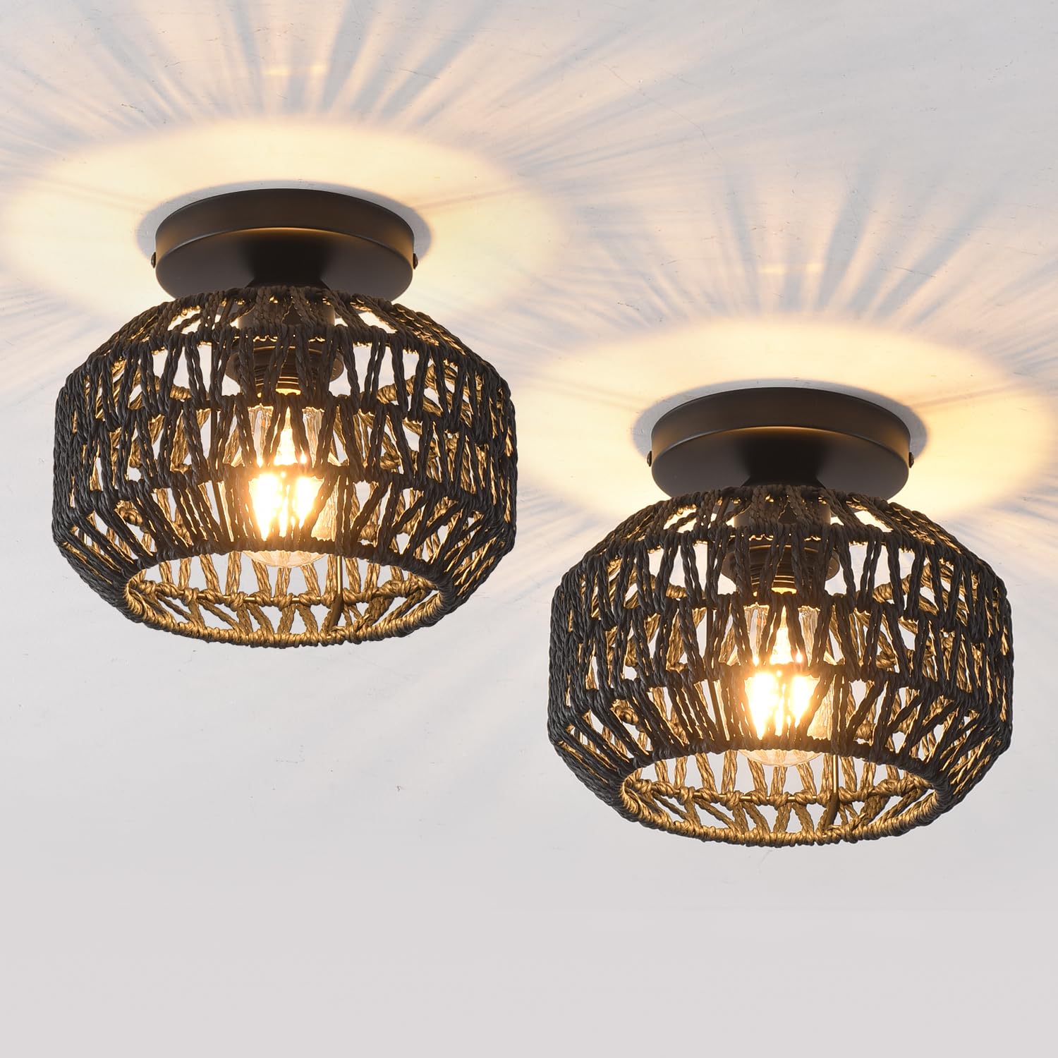 Plug in Pendant Light Rattan Hanging Lamp with Switch,Mini Rattan Boho Semi Flush Mount Ceiling Light,Hand Woven Hallway Light Fixtures for Bedroom Entryway Kitchen
