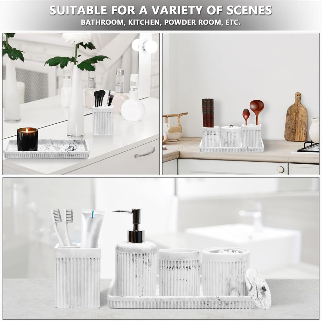 XLHOMO Resin White Marble Bathroom Accessories Set 5 Pcs, Lotion Soap Dispenser, Toothbrush Holder, Bathroom Tumbler, Qtip Holder and Vanity Tray, Bathroom Countertop Organizer Set for Home Apartment
