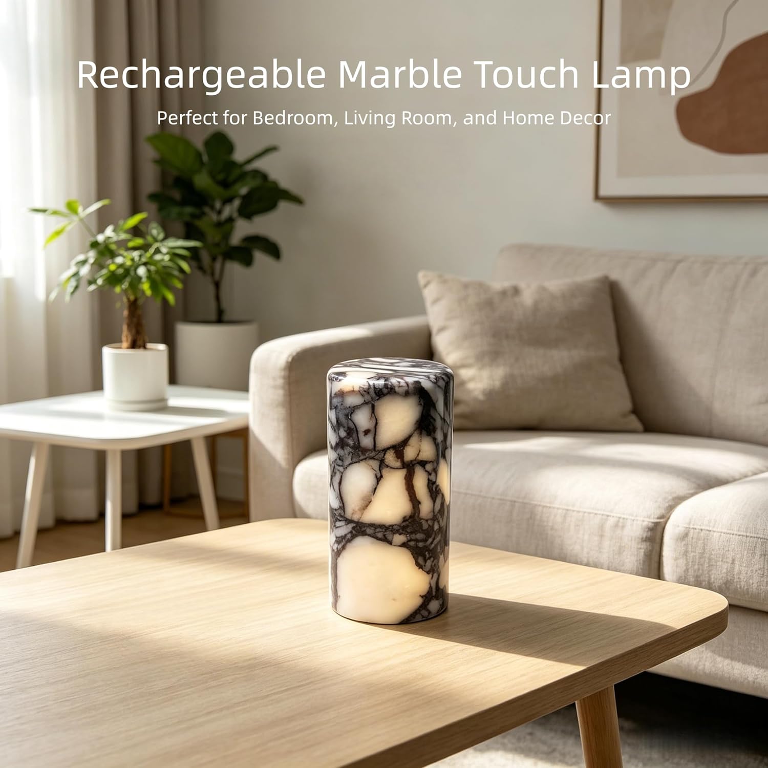 Marble Lamp Luxury Stone Table Lamp Type-C Rechargeable Touch Night Light Small Bedside Lamp Cordless Ambient Light for Home Decor, Bedroom, Living Room & Office (Cylinder-L)