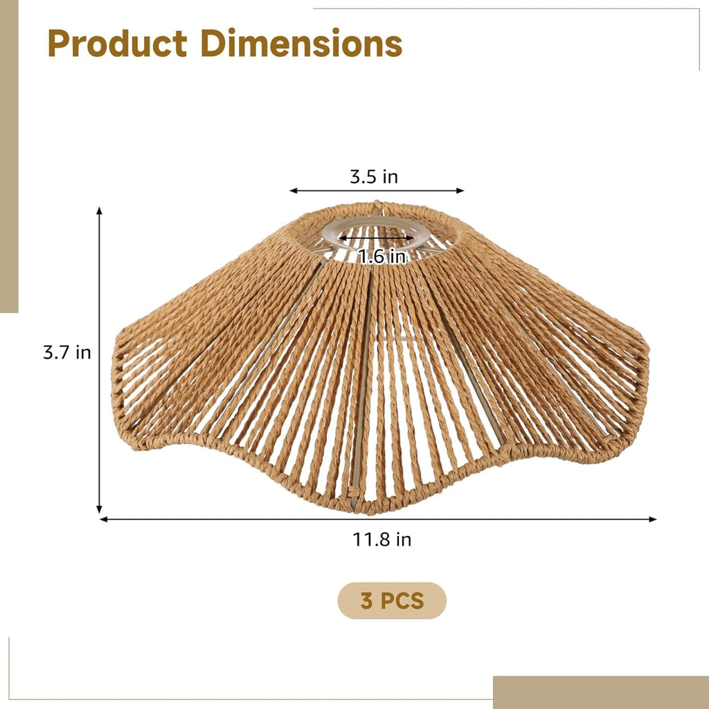 3PCS Rattan Lamp Shade,Bamboo Wicker Woven Lampshade Bell Shape with Scalloped Edge,Paper Rope & Metal Frame,Bohemian Style Replacement for Pendant Lights,Table Lamps,Wall Sconces