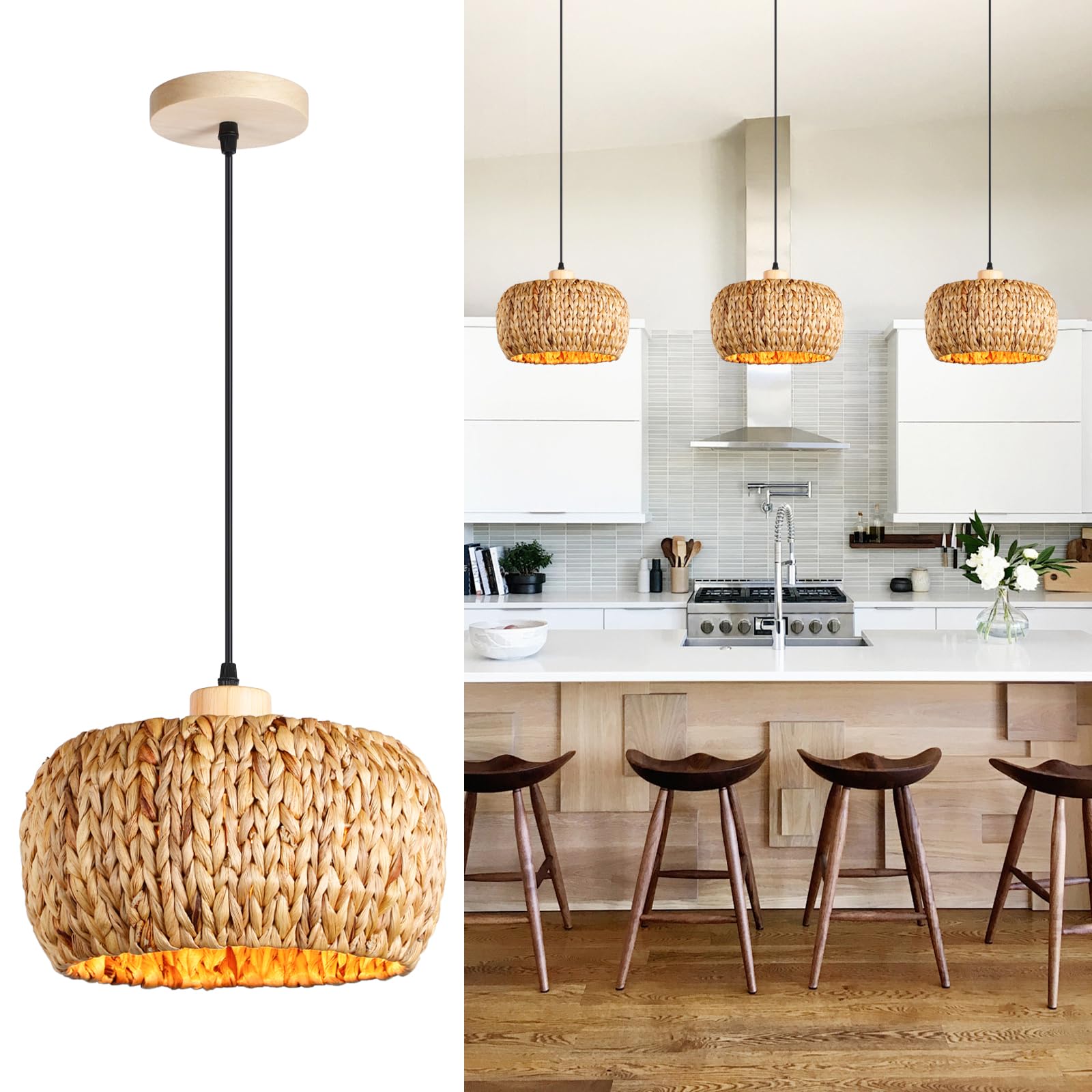 Boho Pendant Lights Kitchen Island, 11.8" Bohemian Rattan Hand-Woven Light Fixture Natural Seagrass Weaving Lighting Hanging Ceiling Chandelier for Restaurants Living Dining Room Farmhouse