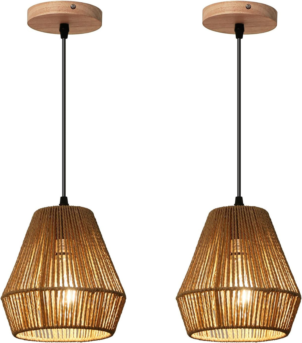 2 Pack Rattan Pendant Light Fixtures, 7'' Mini Boho Kitchen Island Pendant Lights Set of 2 Hand Woven Wicker Coastal Natural Small Hanging Light Fixture for Bedroom Dining Room Bar Hallway
