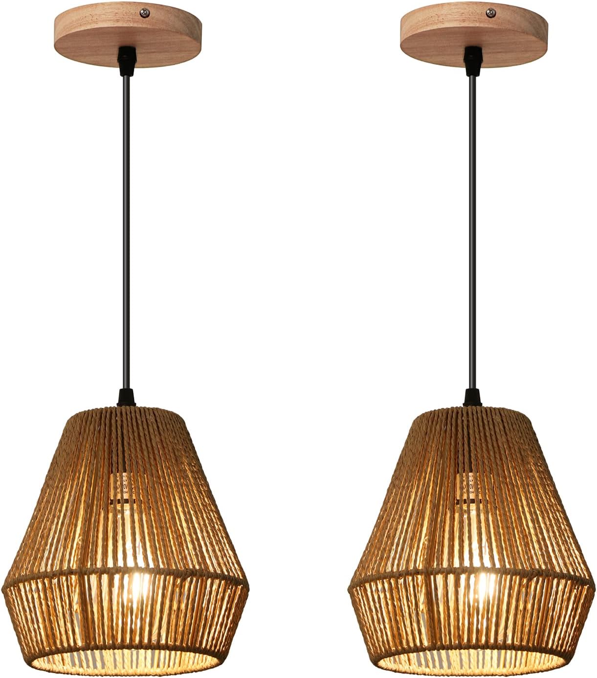2 Pack Rattan Pendant Light Fixtures, 7'' Mini Boho Kitchen Island Pendant Lights Set of 2 Hand Woven Wicker Coastal Natural Small Hanging Light Fixture for Bedroom Dining Room Bar Hallway