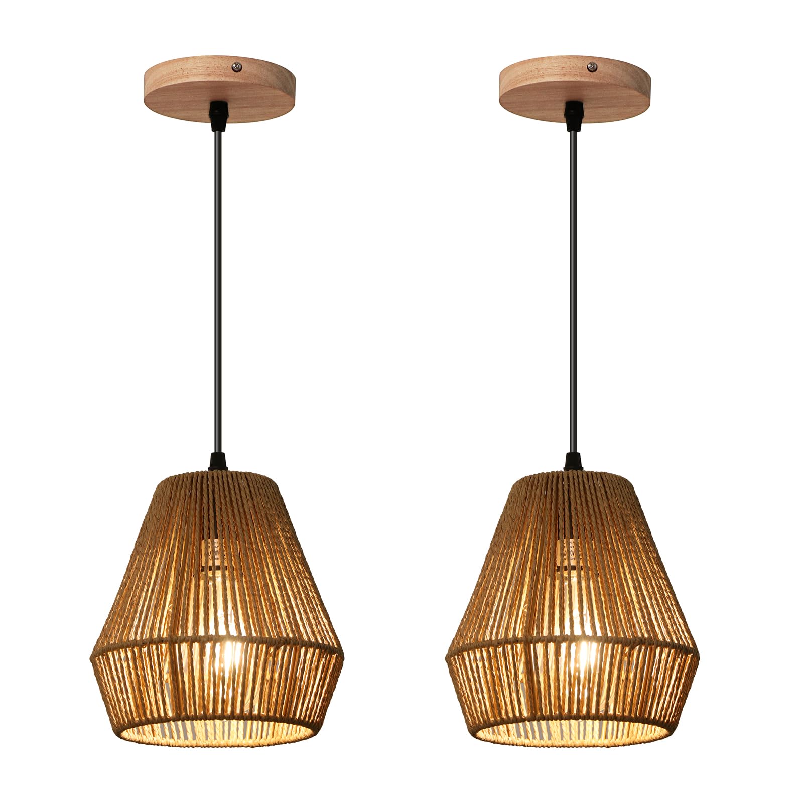 2 Pack Rattan Pendant Light Fixtures, 7'' Mini Boho Kitchen Island Pendant Lights Set of 2 Hand Woven Wicker Coastal Natural Small Hanging Light Fixture for Bedroom Dining Room Bar Hallway