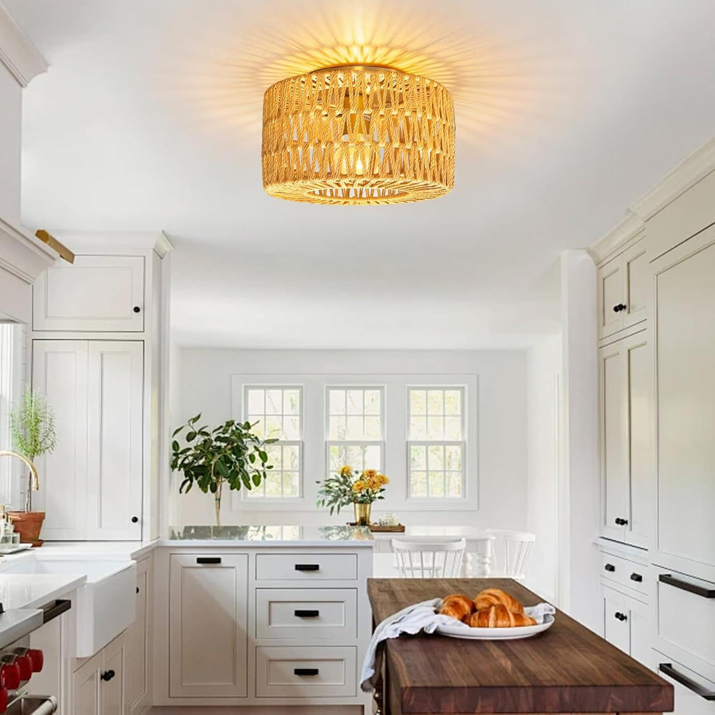 Handwoven Rattan Pendant Light for Living Room,Boho Farmhouse Wicker Chandelier,Hanging Ceiling Light for Dining Room,Entryway,Handmade Natural Rattan Light Fixture,Adjustable Height,Home Decor