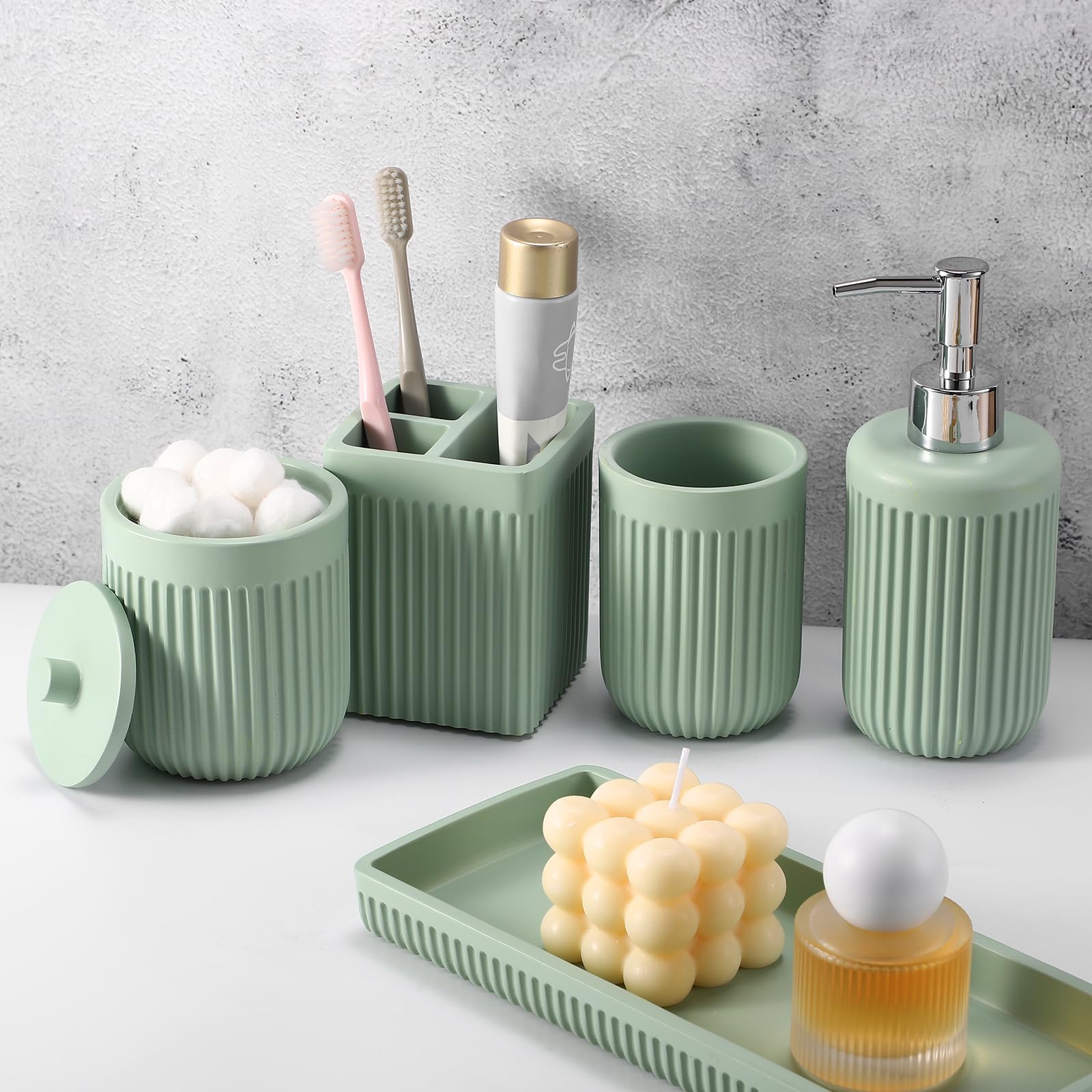 XLHOMO Resin White Marble Bathroom Accessories Set 5 Pcs, Lotion Soap Dispenser, Toothbrush Holder, Bathroom Tumbler, Qtip Holder and Vanity Tray, Bathroom Countertop Organizer Set for Home Apartment