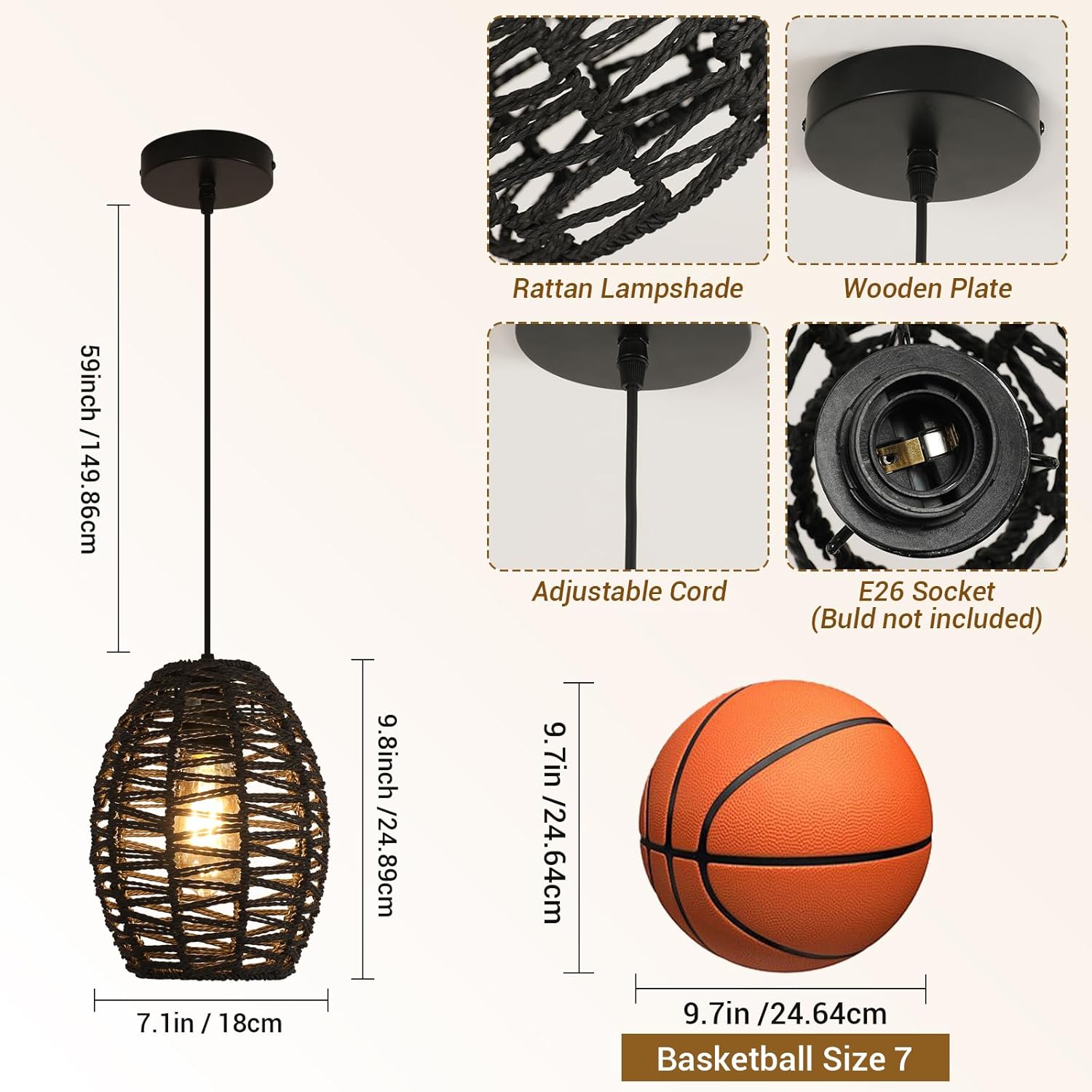 DELIPOP Pendant Light, Hand-Woven Rattan Chandelier, Boho Hanging Light with Adjustable Cord 4.9ft for Living Room, Dining Room, Kitchen, Bedroom (Black)