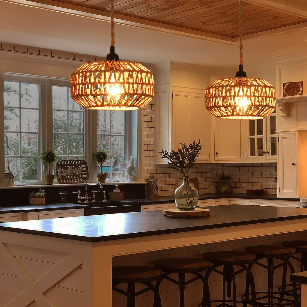 2 Pack Plug in Pendant Light Rattan Hanging Lamp with Switch,Mini Rattan Boho Semi Flush Mount Ceiling Light,Hand Woven Hallway Light Fixtures for Bedroom Entryway