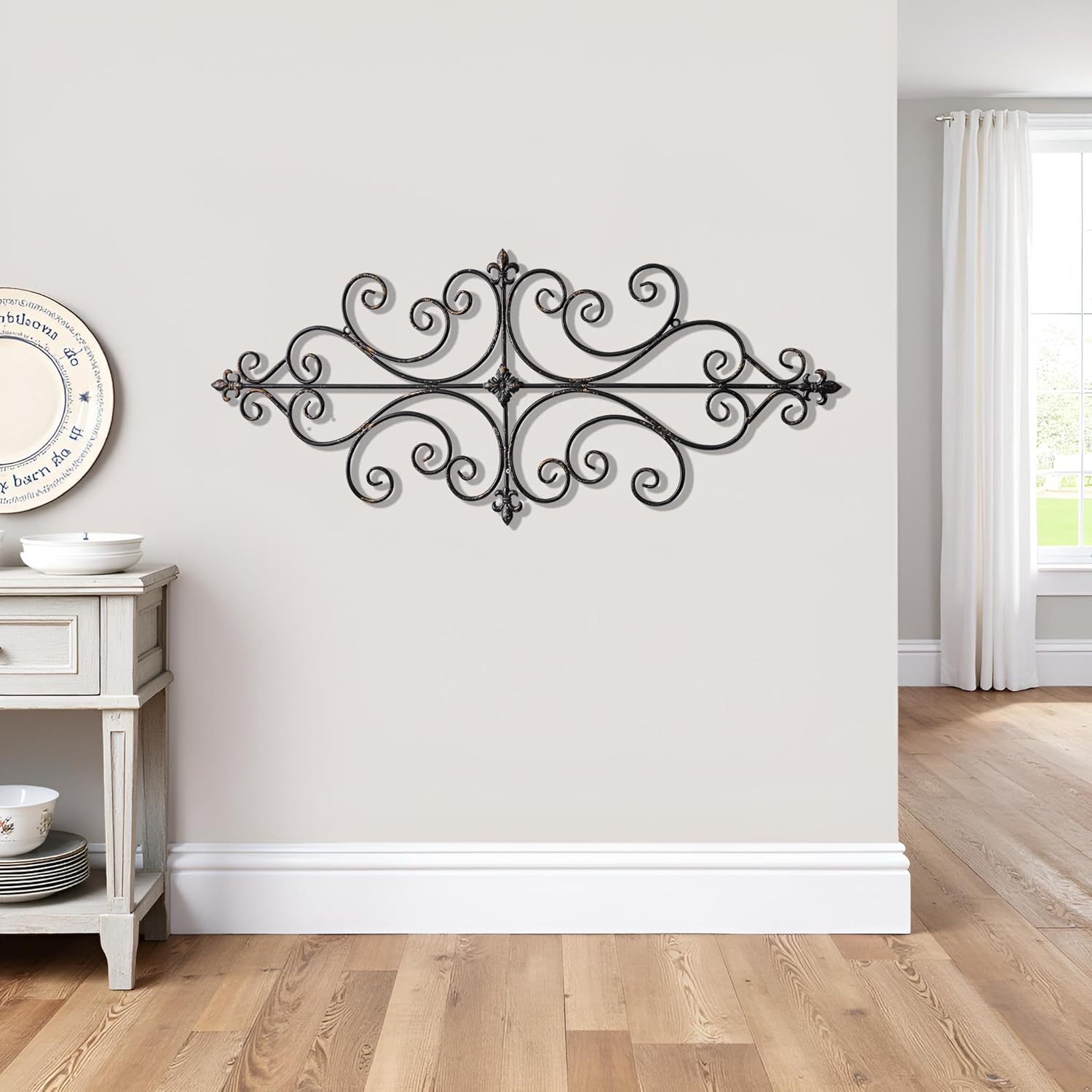 Sintosin Vintage Wrought Iron Wall Decor 45" x 18", Hanging Distressed Finish Fleur De Lis Scroll Metal Wall Art Decor, Farmhouse Black and Gold Home Decorations for Living Room Hallway Bedroom