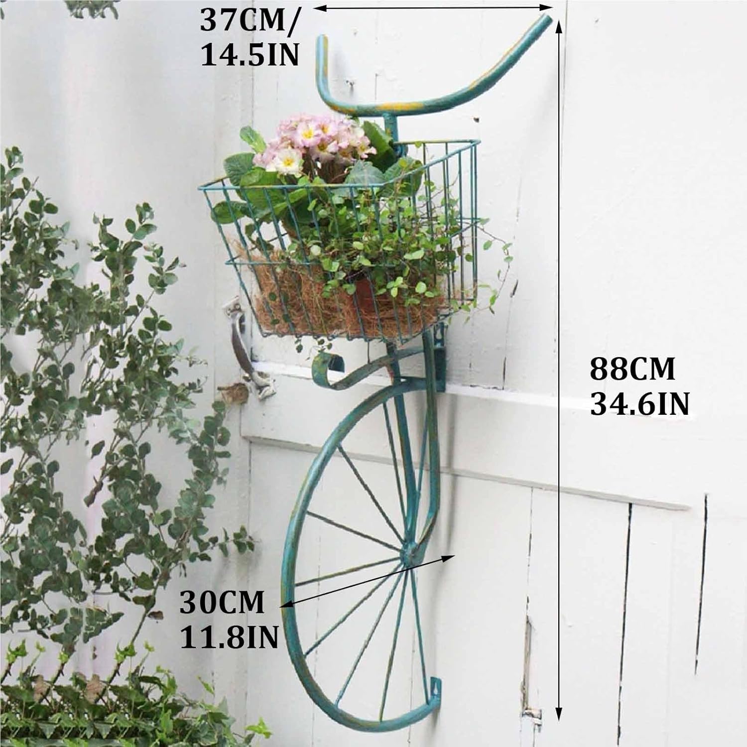 3D Bike Wall Decor, Iron Bike Wall Art with Flower Basket, Large Bicycle Sculpture, Spring Bicycle Decorations, Hand Crafted Wall Mounted Metal Art for Living Room Outdoor Bedroom(Green)