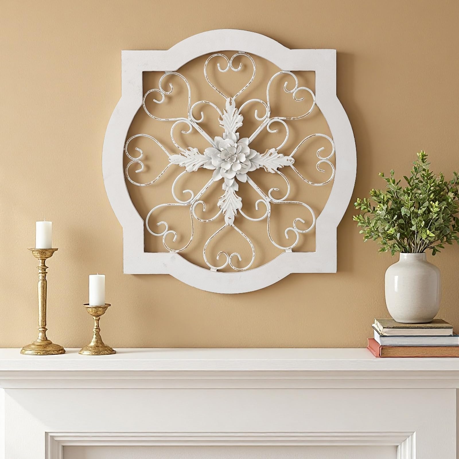 Sintosin Vintage Wrought Iron Wall Decor 22", Hanging Farmhouse Distressed White Metal Scroll Wall Decor, Wood Frame and Metal Flower Wall Art Decor for Living Room Entryway Hallway