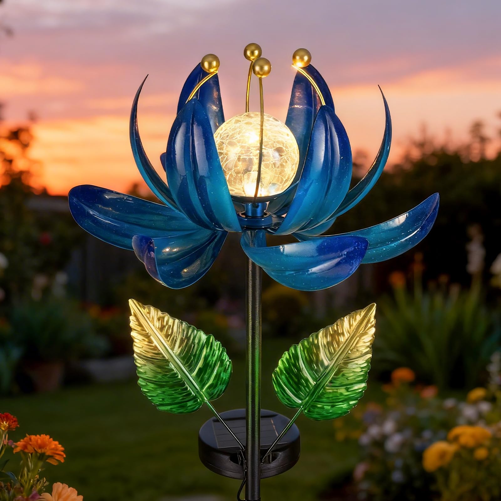 Solar Garden Lights Metal Flower Decor, Colorful Spinning Windmill Lotus Pathway Ligths with LED Cracked Crystal Ball Outdoor Decorative Stake Lighting Waterproof Flower Sculpture for Patio Yard