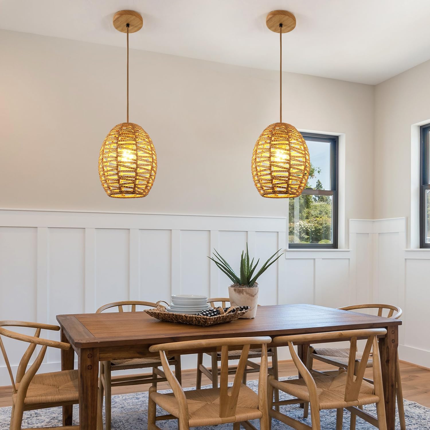 DELIPOP Pendant Light, Hand-Woven Rattan Chandelier, Boho Adjustable Hanging Lights for Living Room, Dining Room, Kitchen, Bedroom, Farmhouse