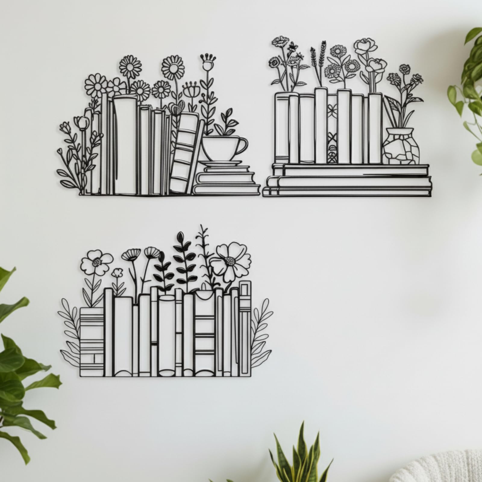 Honeydak 3 Pcs Reading Flower Book Wall Art Metal Library Wall Decor Sign Book Lovers Teacher Gift Silhouette Hanging Sculptures for Home Reading Room Office (Rustic Color,Elegant Style)