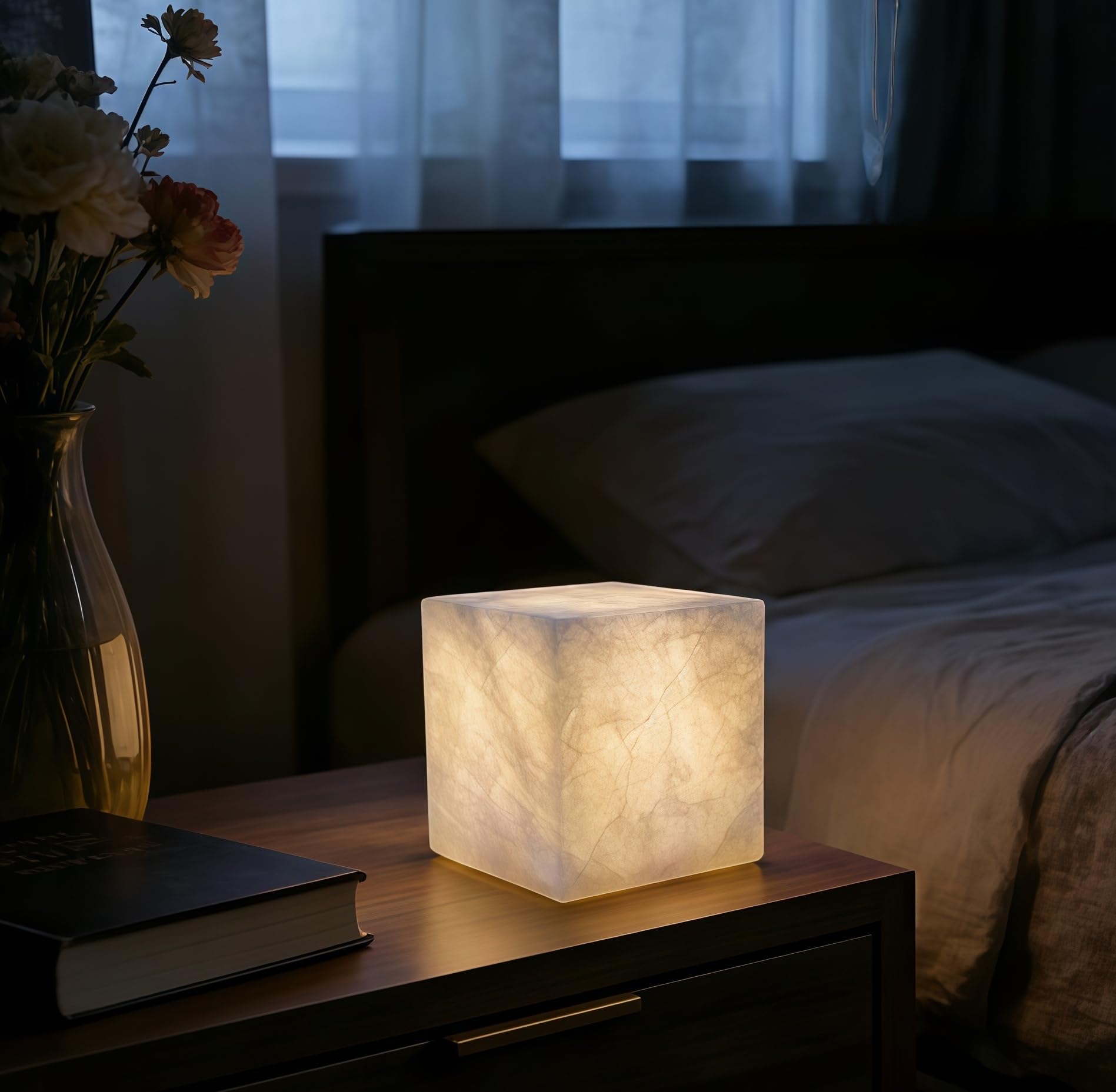 Marble Lamp Luxury Stone Table Lamp Type-C Rechargeable Touch Night Light Small Bedside Lamp Cordless Ambient Light for Home Decor, Bedroom, Living Room & Office (Cylinder-L)