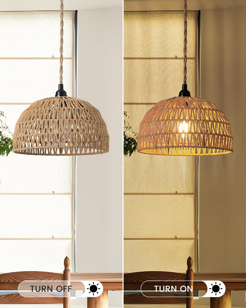 Rattan Hanging Lamp,Boho Pendant Lights,Plug in Cord Hanging Rattan Light,Plug Into Wall Outlet Pendant Light Fixture On/Off Switch for Living,Dinner Room,Bedroom,Kitchen,for E26,without Bulb