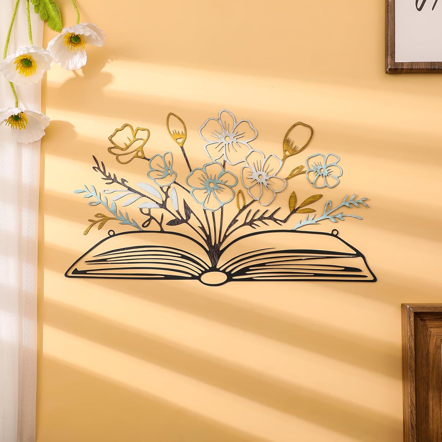Honeydak 3 Pcs Reading Flower Book Wall Art Metal Library Wall Decor Sign Book Lovers Teacher Gift Silhouette Hanging Sculptures for Home Reading Room Office (Rustic Color,Elegant Style)