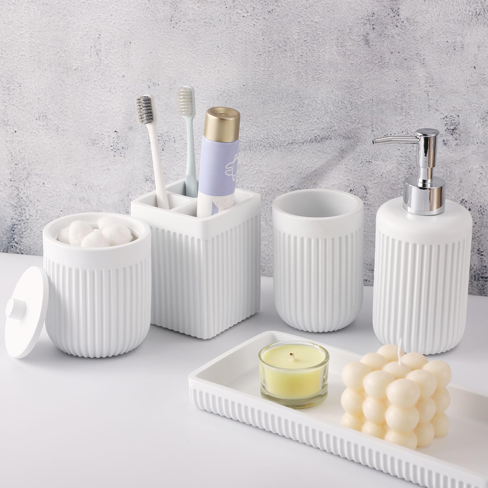 XLHOMO Resin White Marble Bathroom Accessories Set 5 Pcs, Lotion Soap Dispenser, Toothbrush Holder, Bathroom Tumbler, Qtip Holder and Vanity Tray, Bathroom Countertop Organizer Set for Home Apartment