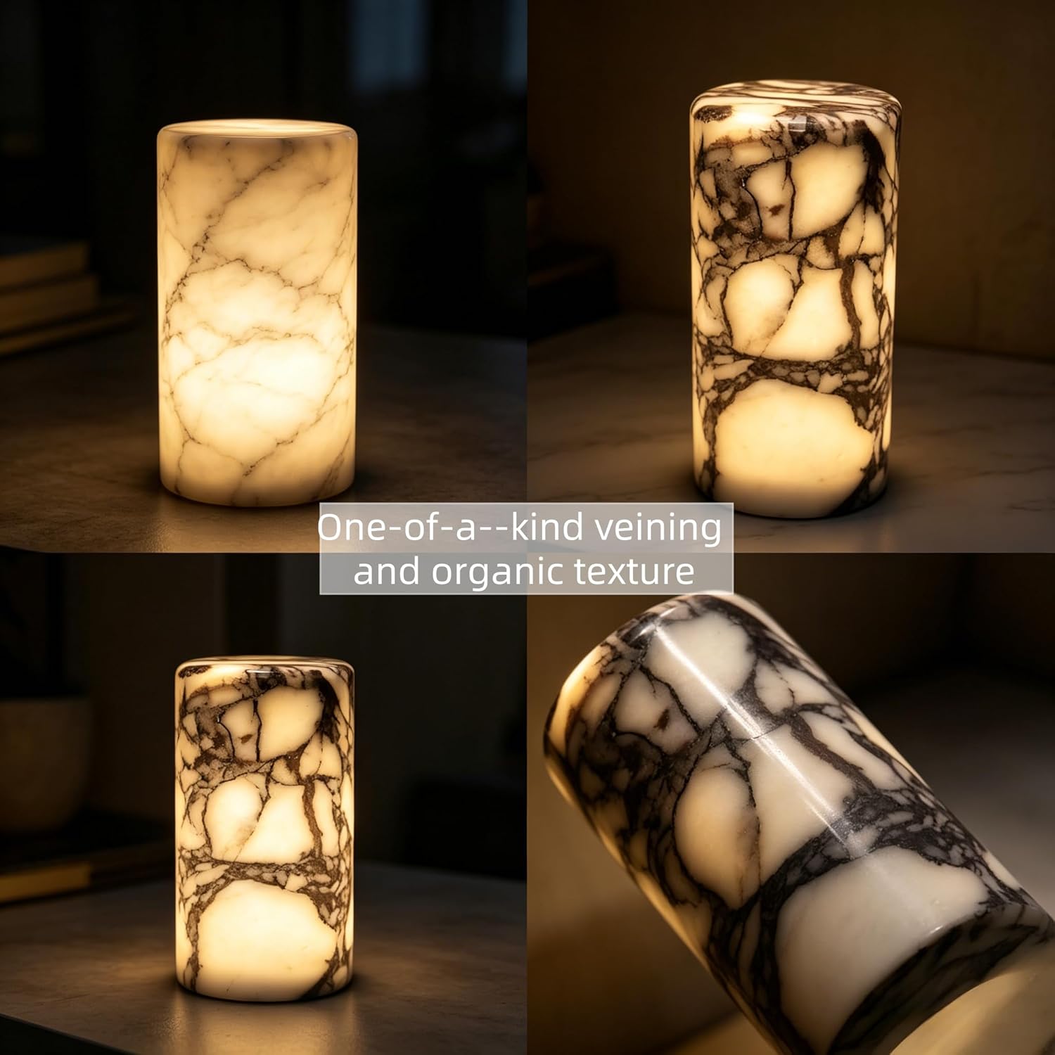 Marble Lamp Luxury Stone Table Lamp Type-C Rechargeable Touch Night Light Small Bedside Lamp Cordless Ambient Light for Home Decor, Bedroom, Living Room & Office (Cylinder-L)