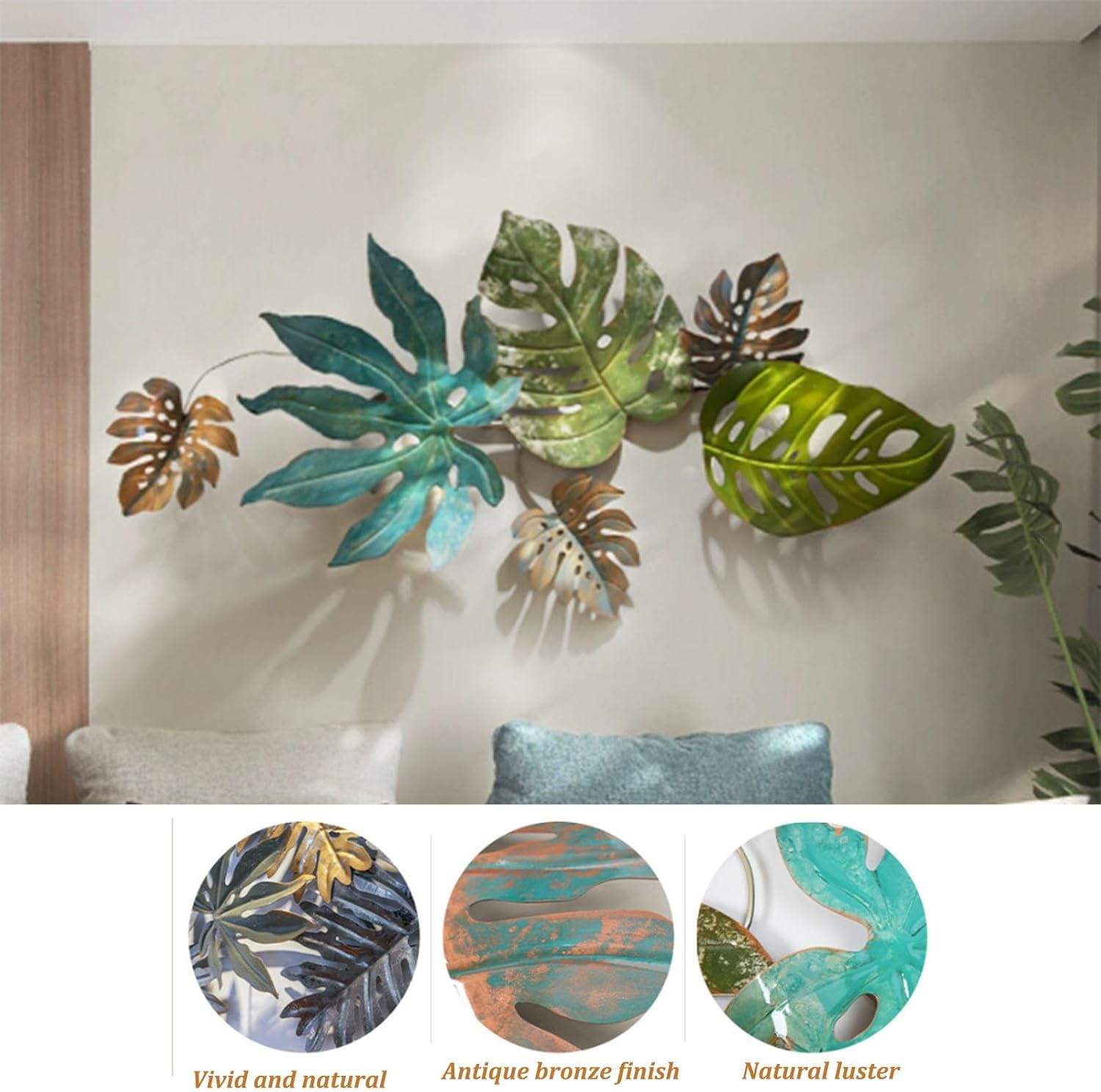 DAJIAYIQI 3D Wall Art Decor,Metal Leaf Wall Decor,Distressed Iron Wall Hanging,Brown-green Vintage Modern Home Decor Wall Sculptures for Home Living Room