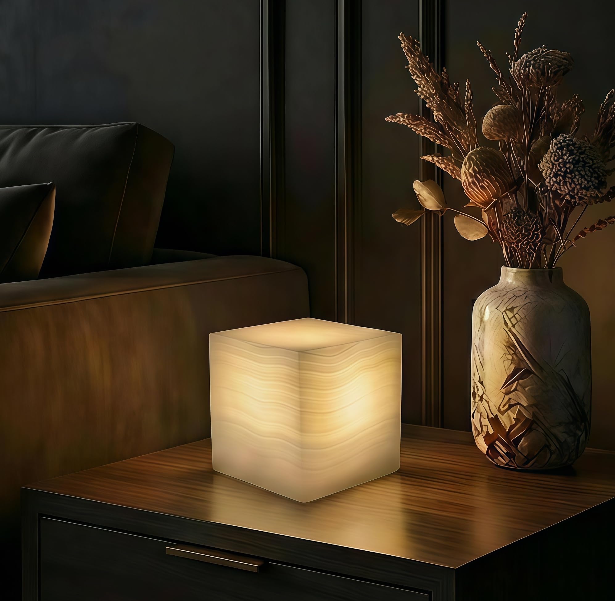 Marble Lamp Luxury Stone Table Lamp Type-C Rechargeable Touch Night Light Small Bedside Lamp Cordless Ambient Light for Home Decor, Bedroom, Living Room & Office (Cylinder-L)