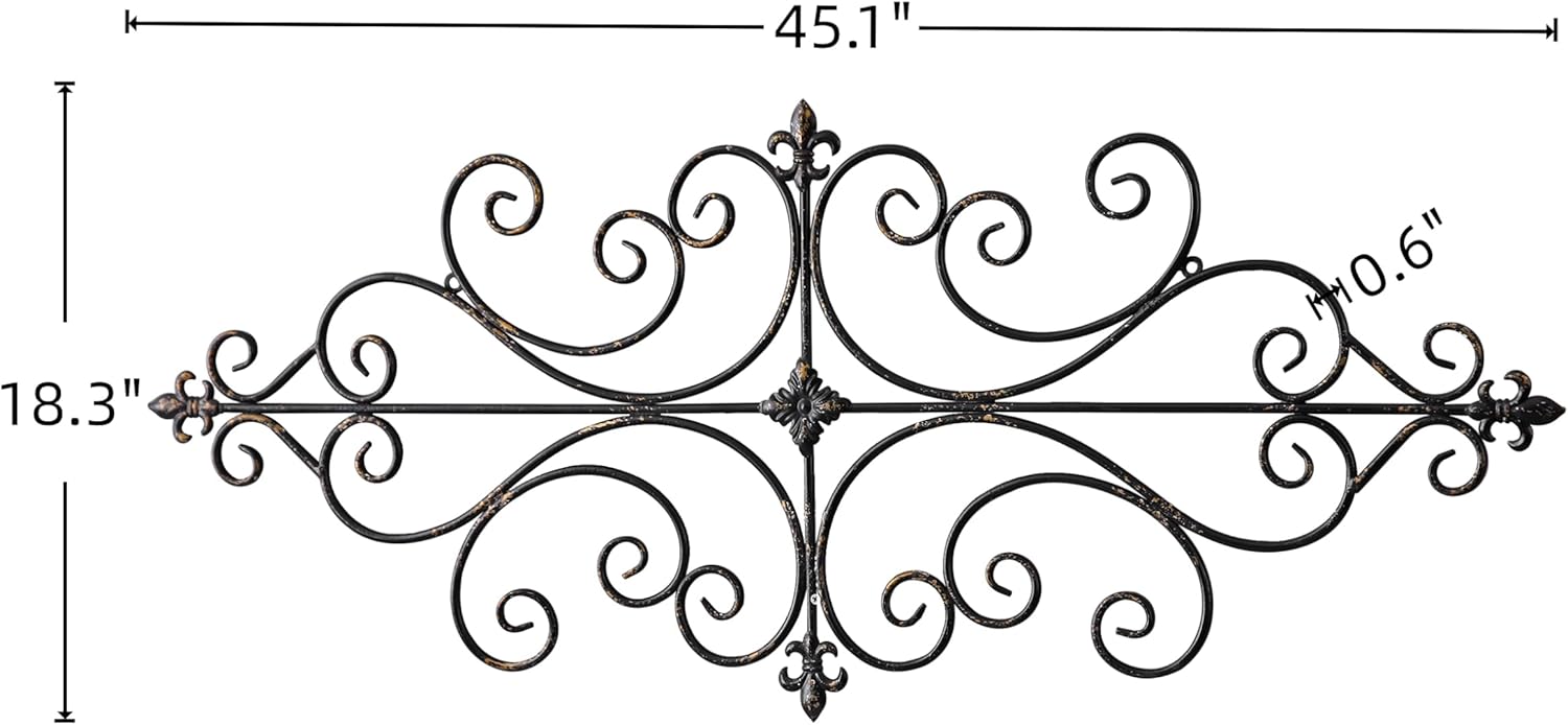 Sintosin Vintage Wrought Iron Wall Decor 45" x 18", Hanging Distressed Finish Fleur De Lis Scroll Metal Wall Art Decor, Farmhouse Black and Gold Home Decorations for Living Room Hallway Bedroom