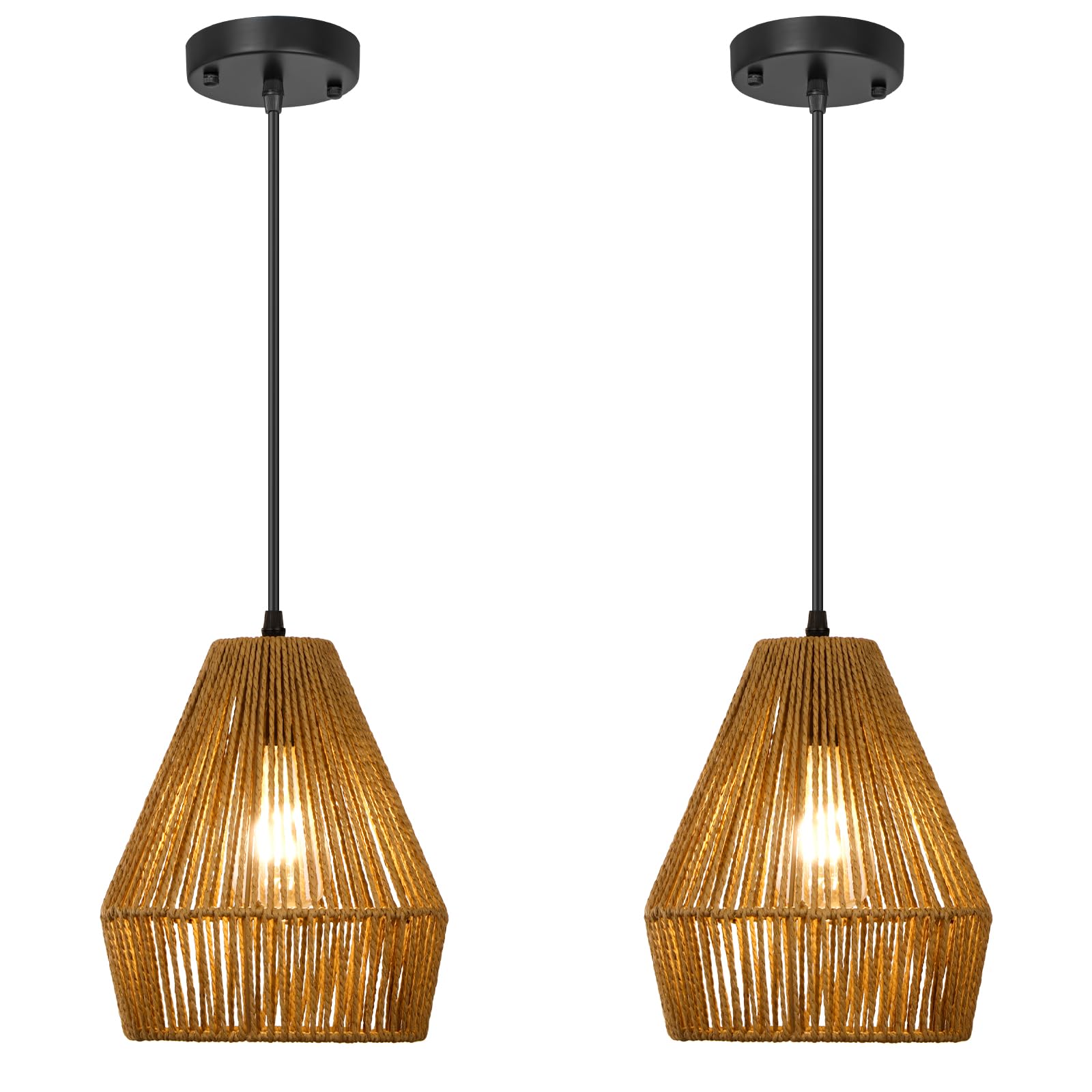 2 Pack Rattan Pendant Light Fixtures, 7'' Mini Boho Kitchen Island Pendant Lights Set of 2 Hand Woven Wicker Coastal Natural Small Hanging Light Fixture for Bedroom Dining Room Bar Hallway