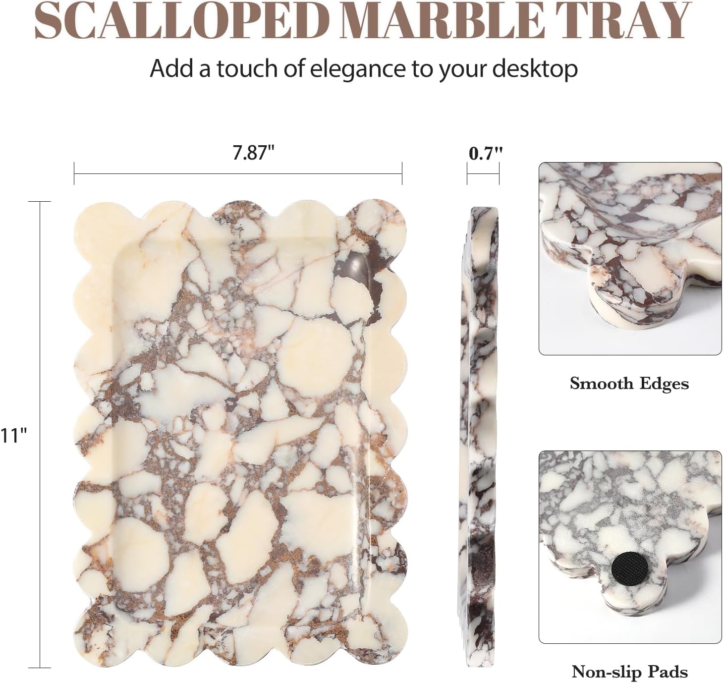 Koville Luxury Calacatta Viola Marble Tray, 11"x8" Scalloped Marble Vanity Tray for Countertop Bathroom Kitchen Dresser, Natural Stone Tray for Jewelry Perfume Home Decor, Decorative Catchall Tray